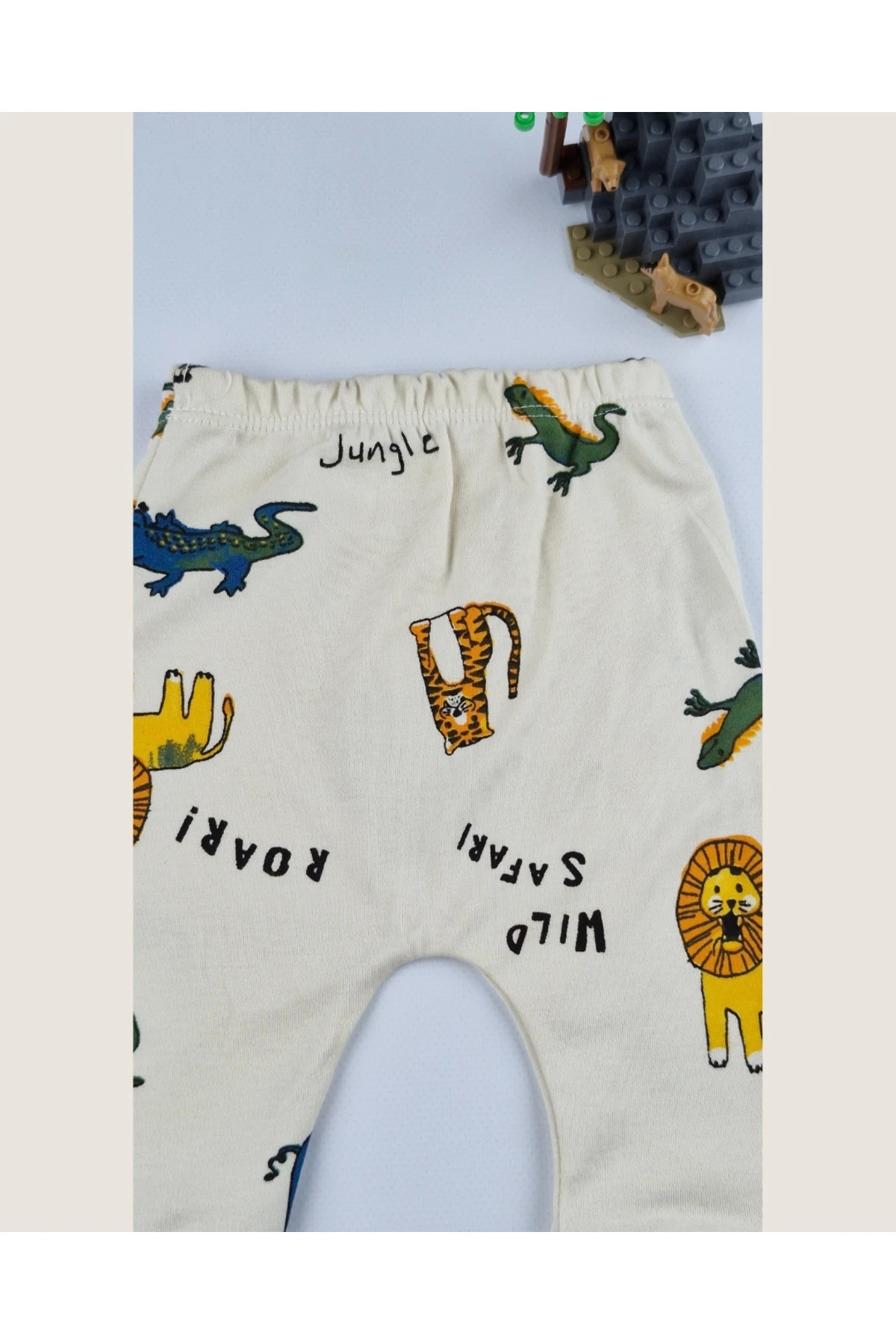 Uzun Kollu Pamuk Safari Baskılı Bebek çıtçıtlı Body & Alt Takım – Krem/Mavi - 0-9 Ay