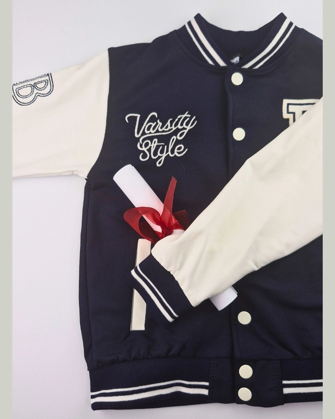 Asliva Çocuk Lacivert Beyaz Kolej Ceket Varsity Style B Harf Nakışlı Ceket (6-9 Yaş)