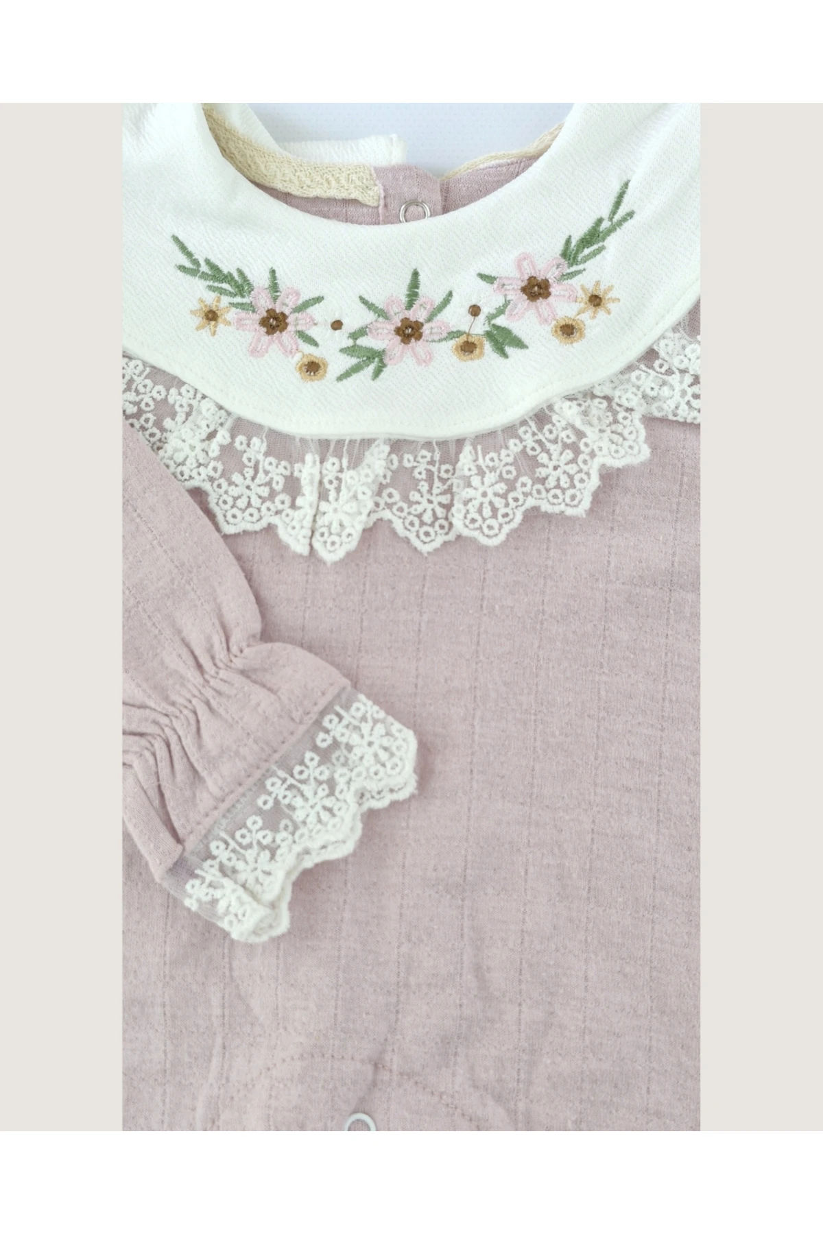 Kız Bebek Dantelli Gül Kurusu Pamuklu Tulum 0-12 Ay