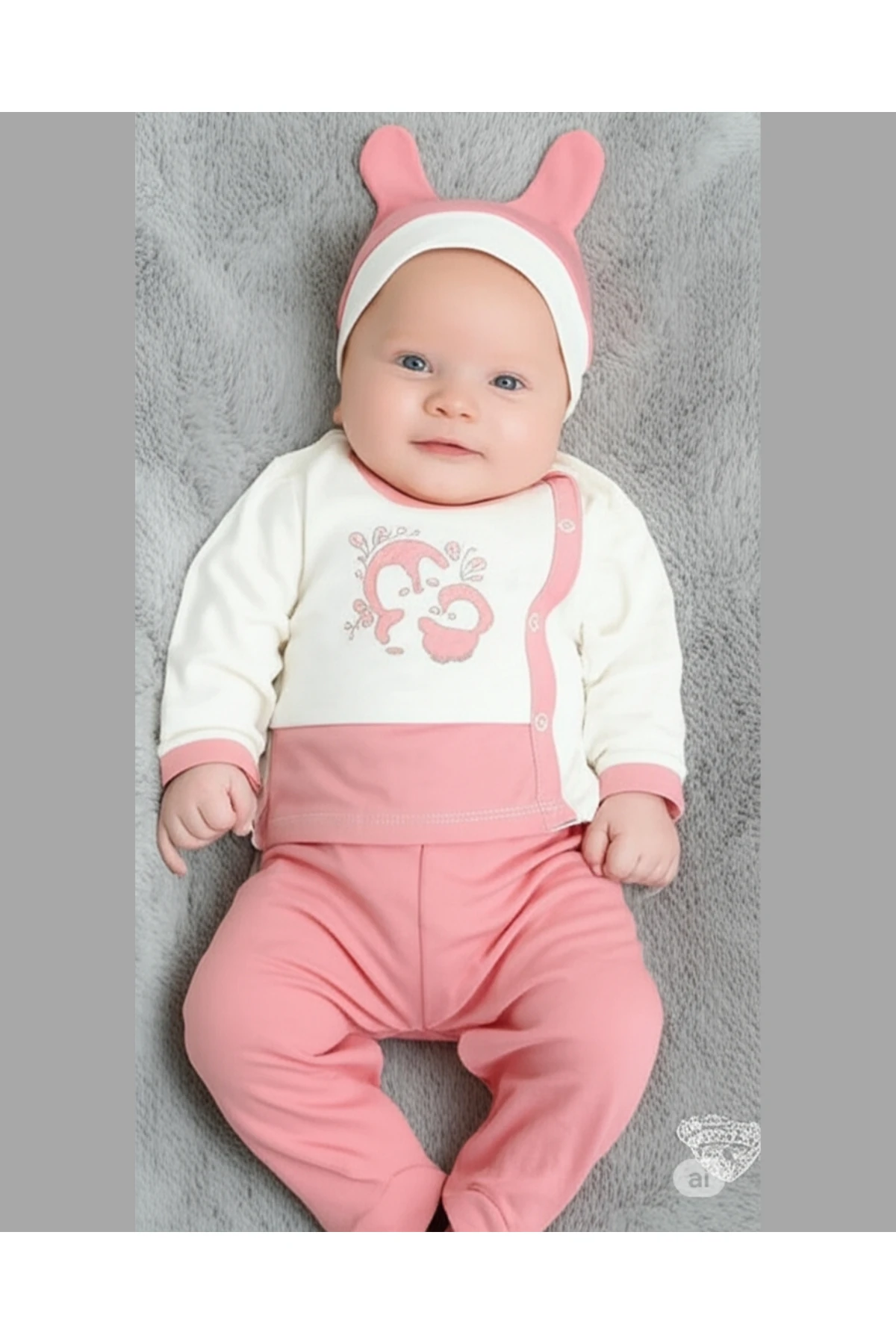 Asliva Kız Bebek 3’lü Zıbın Takımı – Krem & Gül Kurusu Pembe – Penguen Desenli – %100 Pamuk – 0-3 Ay
