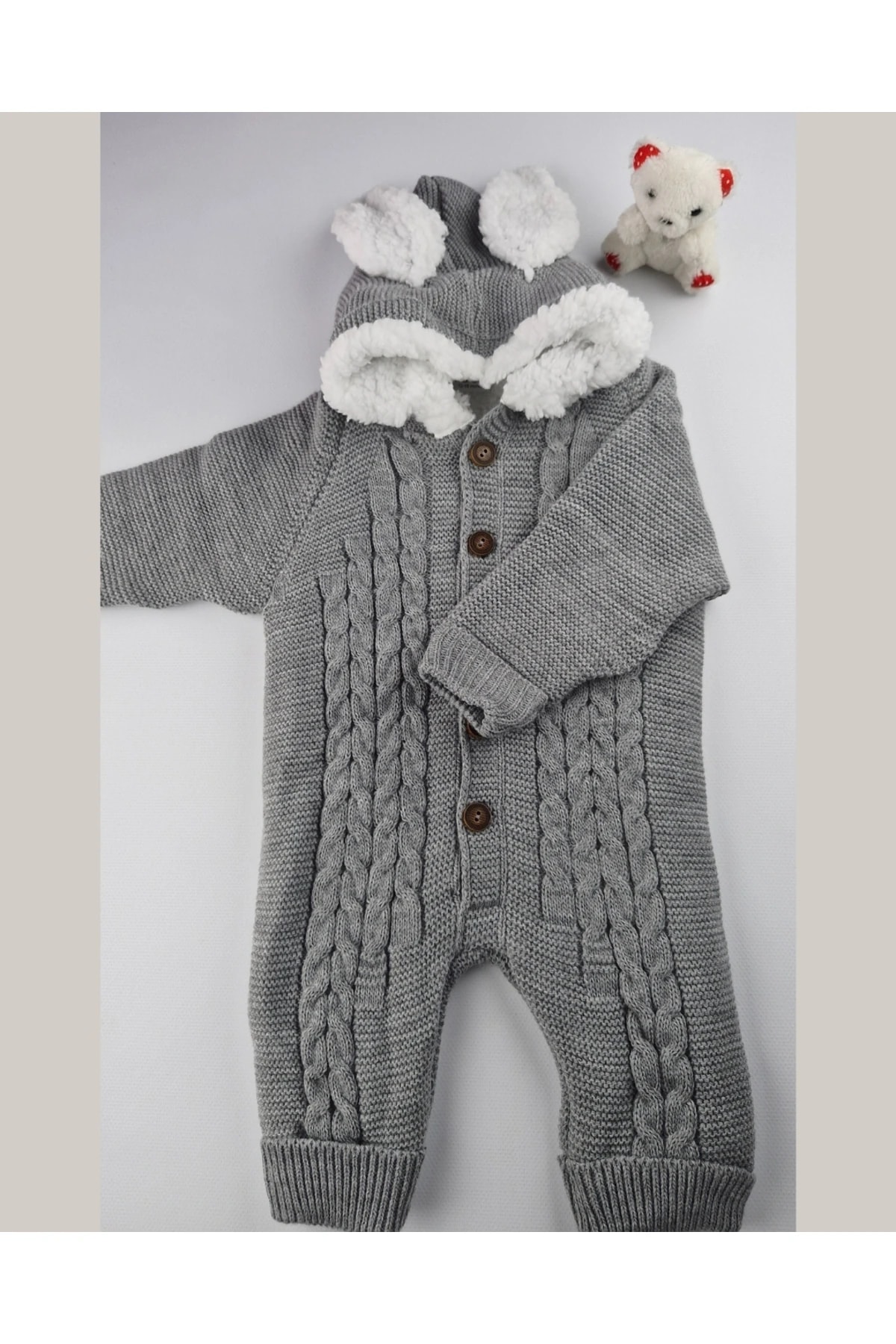 Bebek Triko Tulum – Kapüşonlu Kulak Detaylı Peluş Astarlı Kışlık Bebek Tulumu 6-24 ay