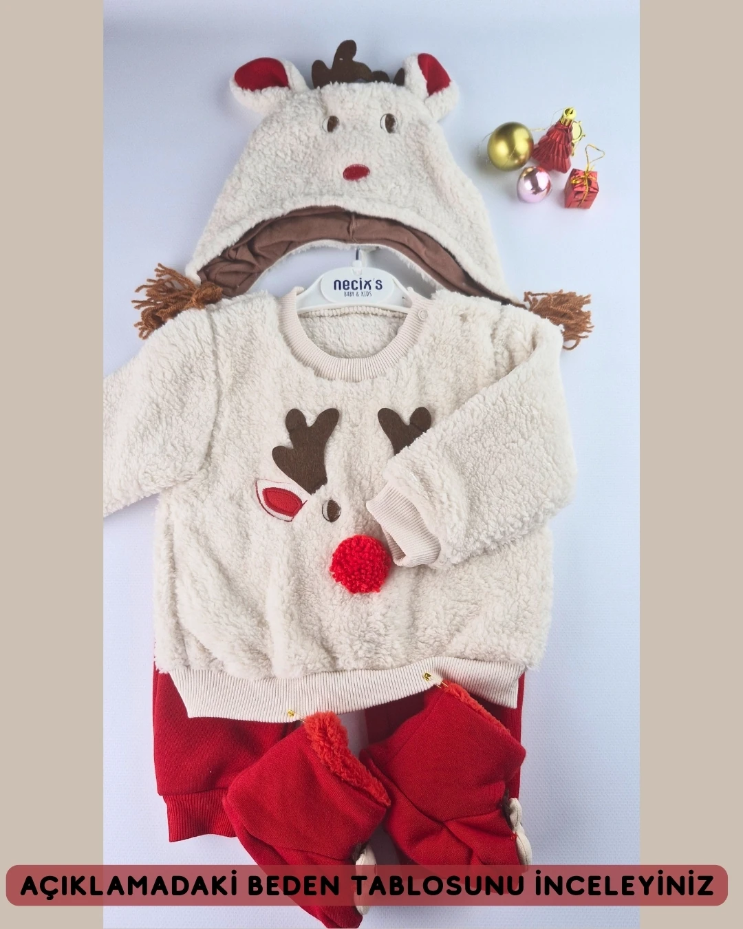 Asliva Geyikli Bebek Takımı - Peluş Sherpa Üst Alt Şapka Patik 4'lü Set - Yılbaşı Kombini - 6-24 Ay