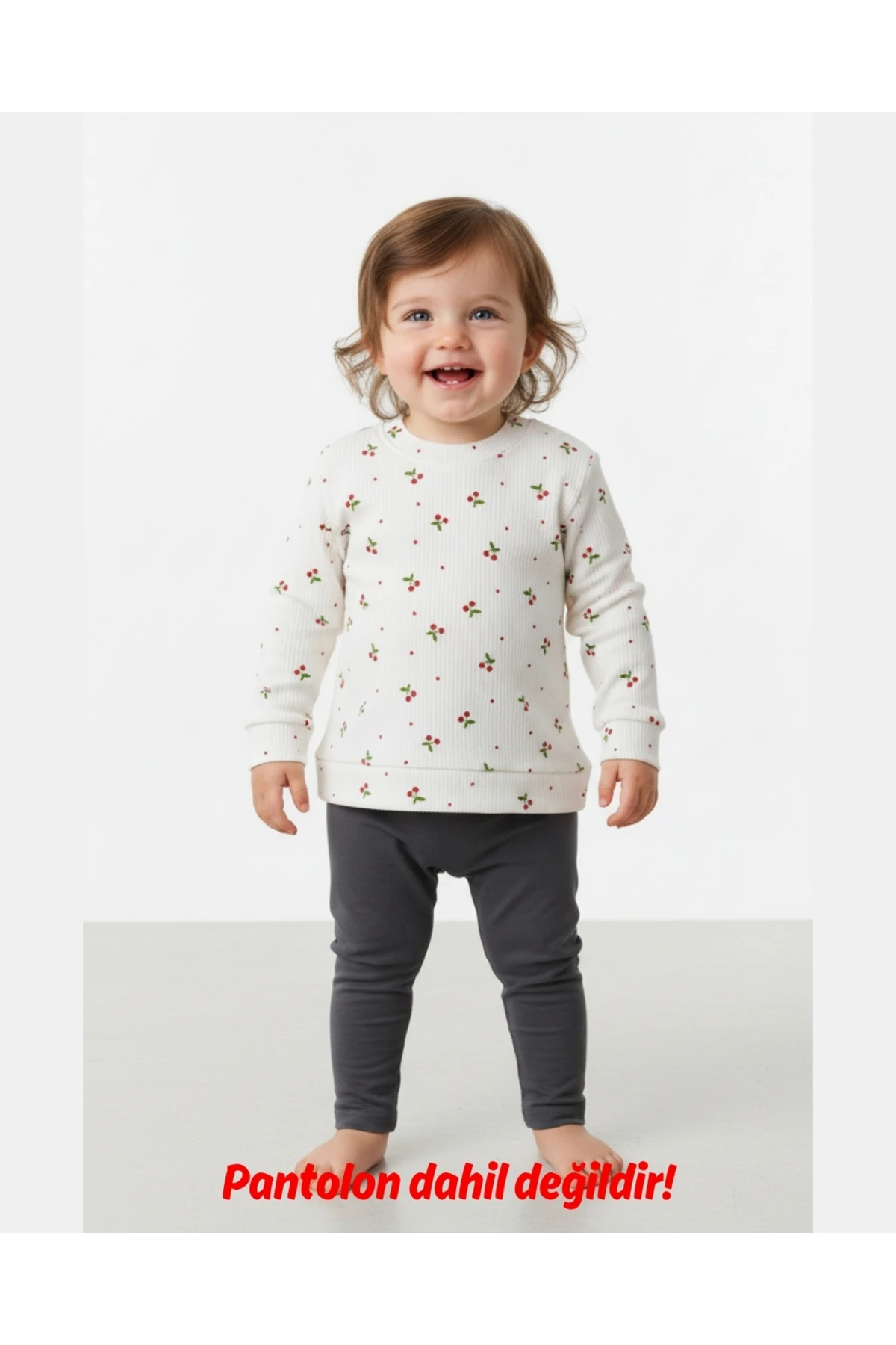 Kiraz Desenli Pamuk Bebek & Çocuk Ribanalı Uzun Kollu Omuzdan çıtçıtlı Sweat - 3,6,9 Ay - 1,2,3 Yaş