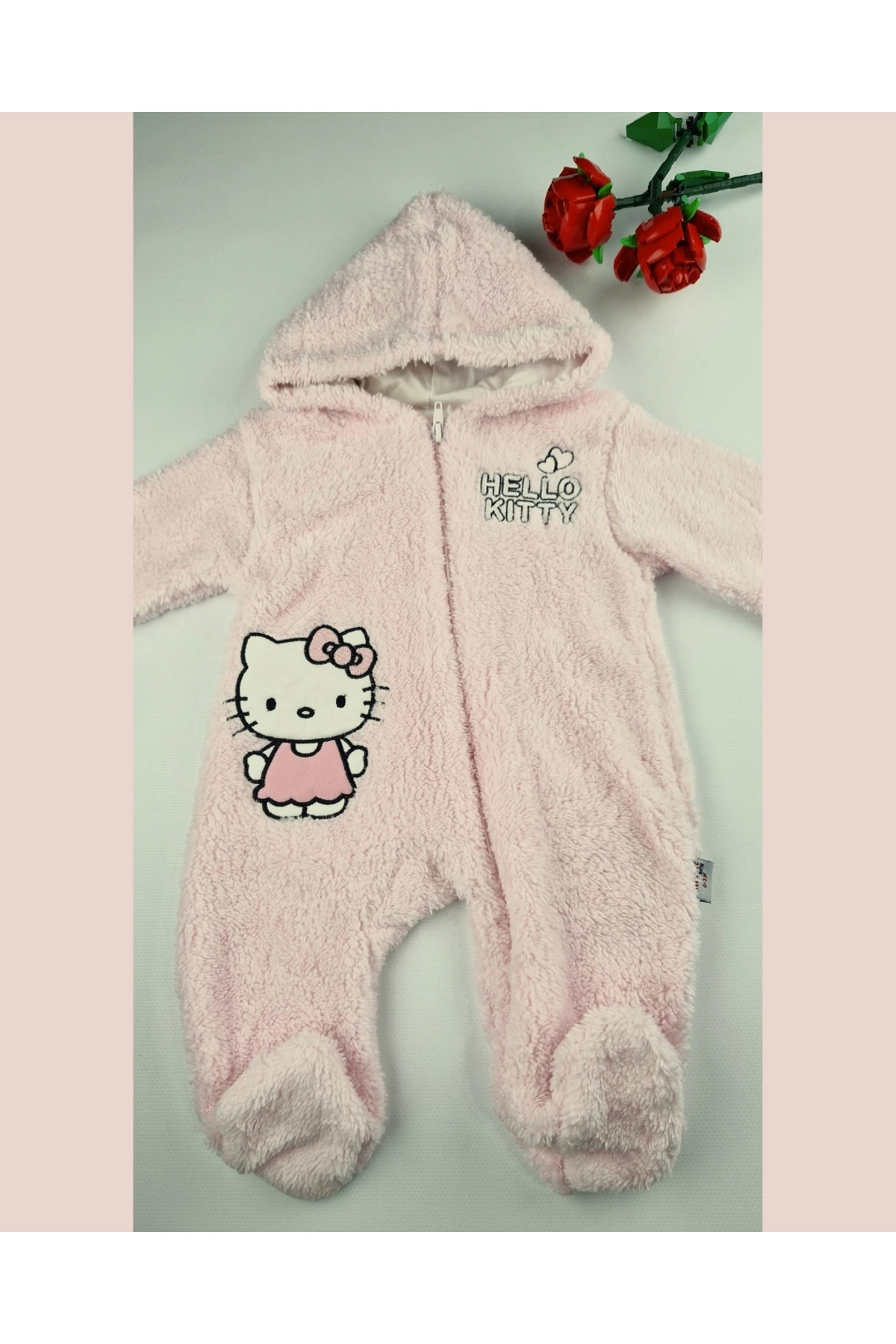 Hello Welsoft Pelüş Kız Bebek Tulum – Kapüşonlu ve Patikli - Pembe/Bej - 0-12 Ay