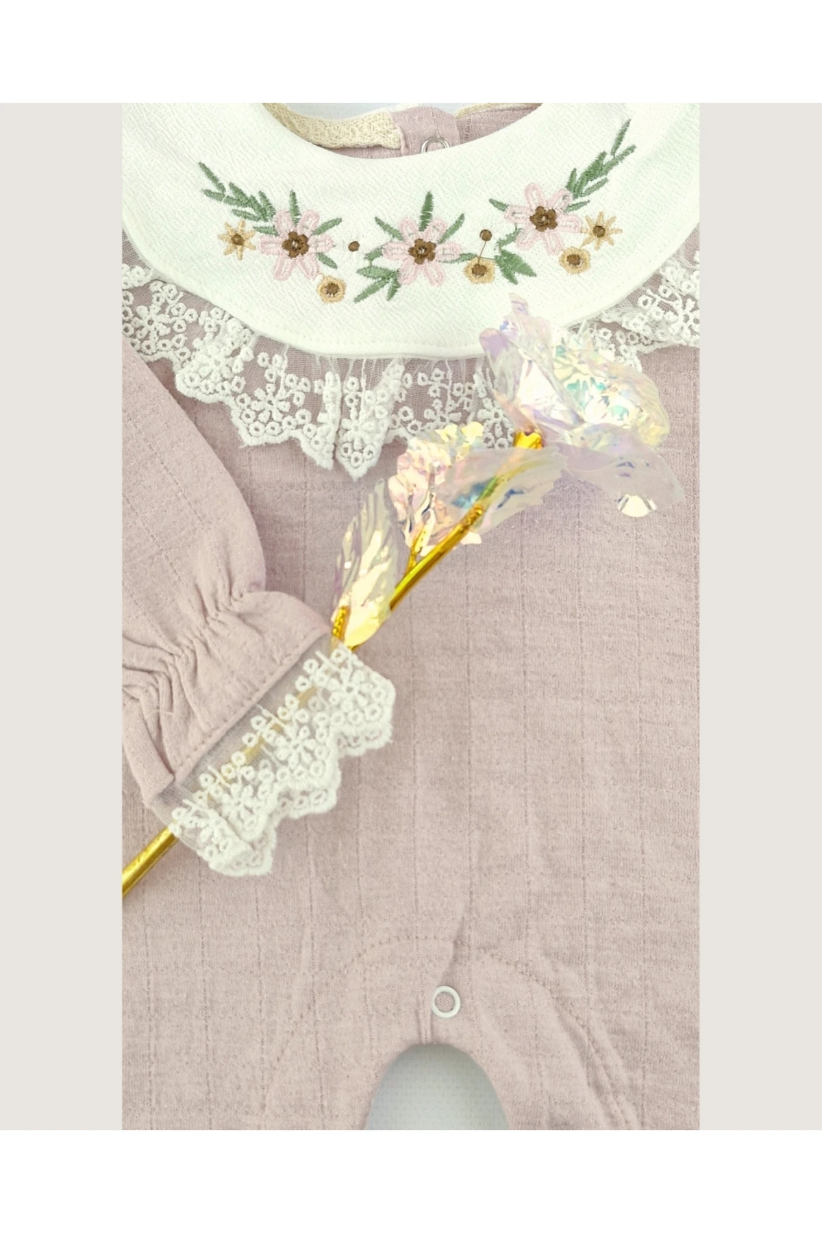 Kız Bebek Dantelli Gül Kurusu Pamuklu Tulum 0-12 Ay