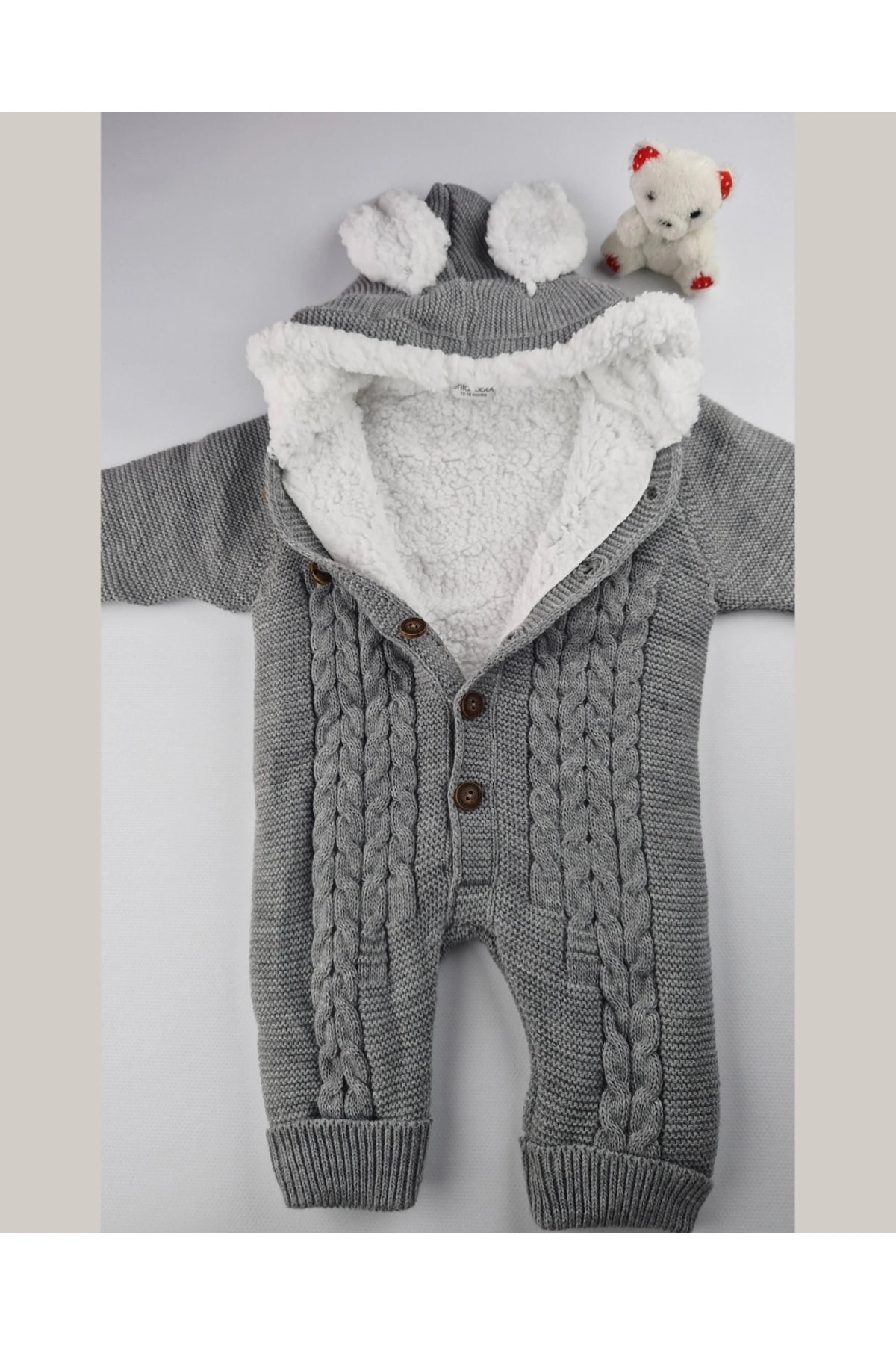Bebek Triko Tulum – Kapüşonlu Kulak Detaylı Peluş Astarlı Kışlık Bebek Tulumu 6-24 ay