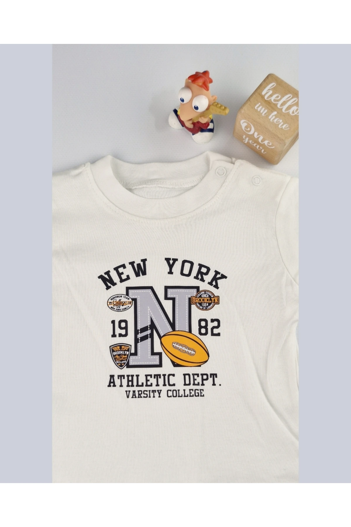 NYC Nakışlı Unisex Kolej Çocuk Takımı 3'lü Ceket Sweat Pantolon (Bej & Mavi)