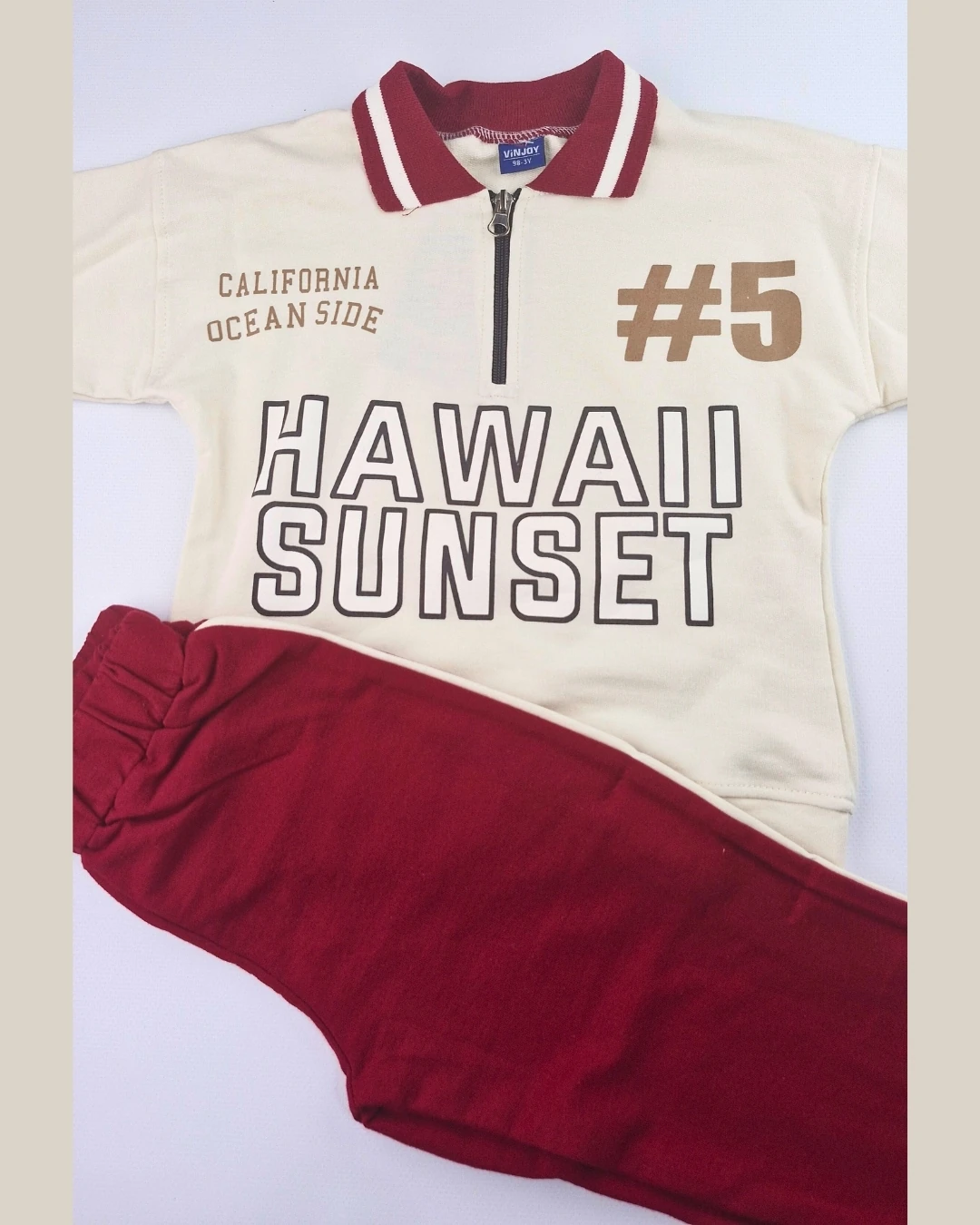 Asliva Unisex Çocuk Bordo Hawaii Sunset Baskılı Polo Yaka Yarım Fermuarlı Pamuklu Eşofman Takımı