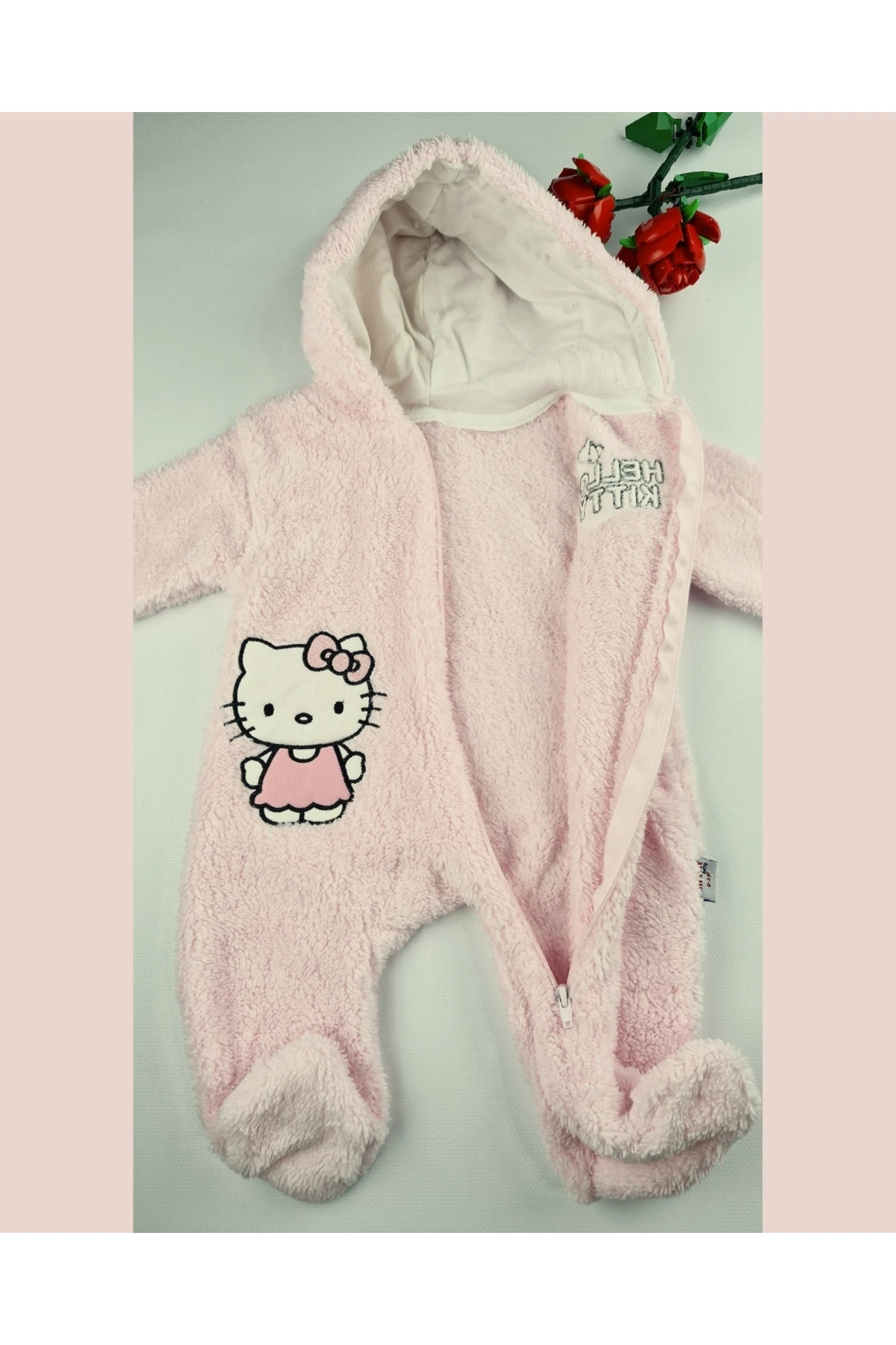 Hello Welsoft Pelüş Kız Bebek Tulum – Kapüşonlu ve Patikli - Pembe/Bej - 0-12 Ay