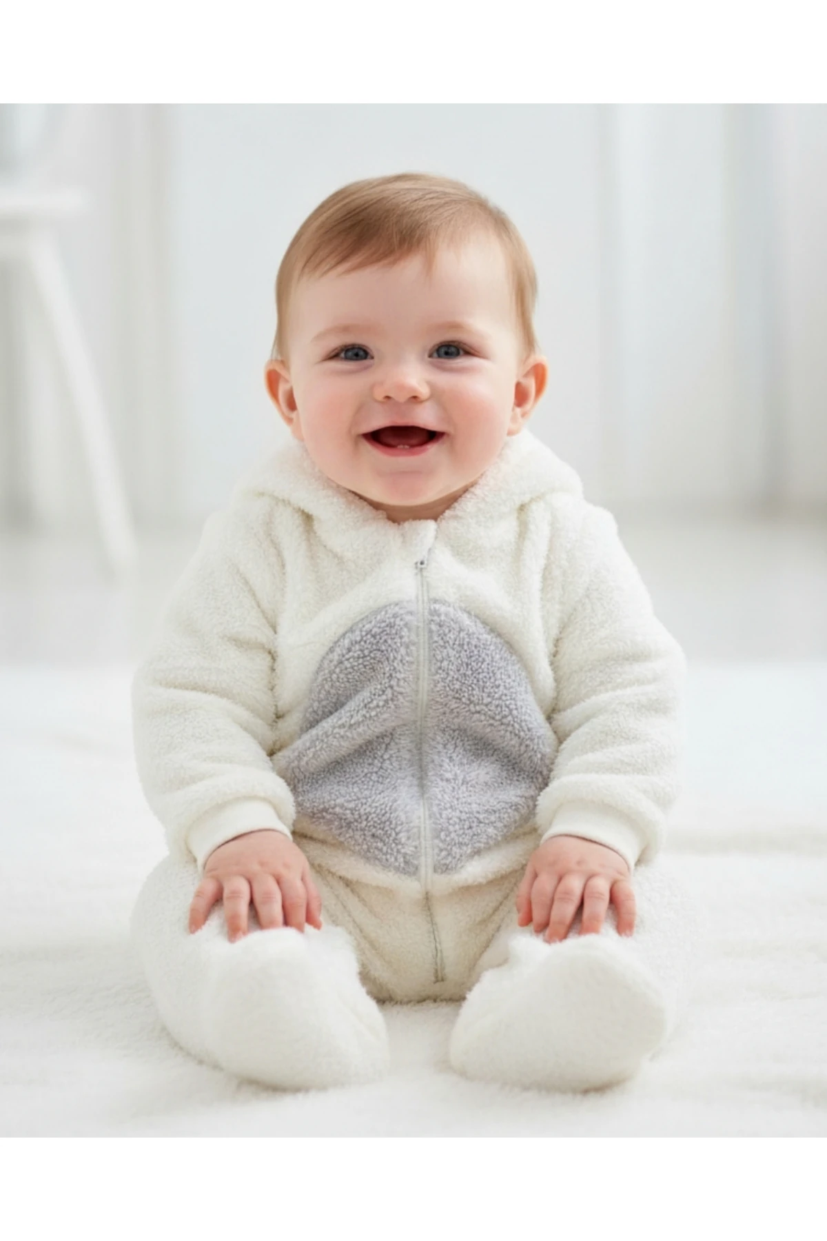 Ayıcık Welsoft Peluş Bebek Tulum – Kapüşonlu, Fermuarlı, Kapalı Ayaklı Lila/Krem 3-6-9 Ay