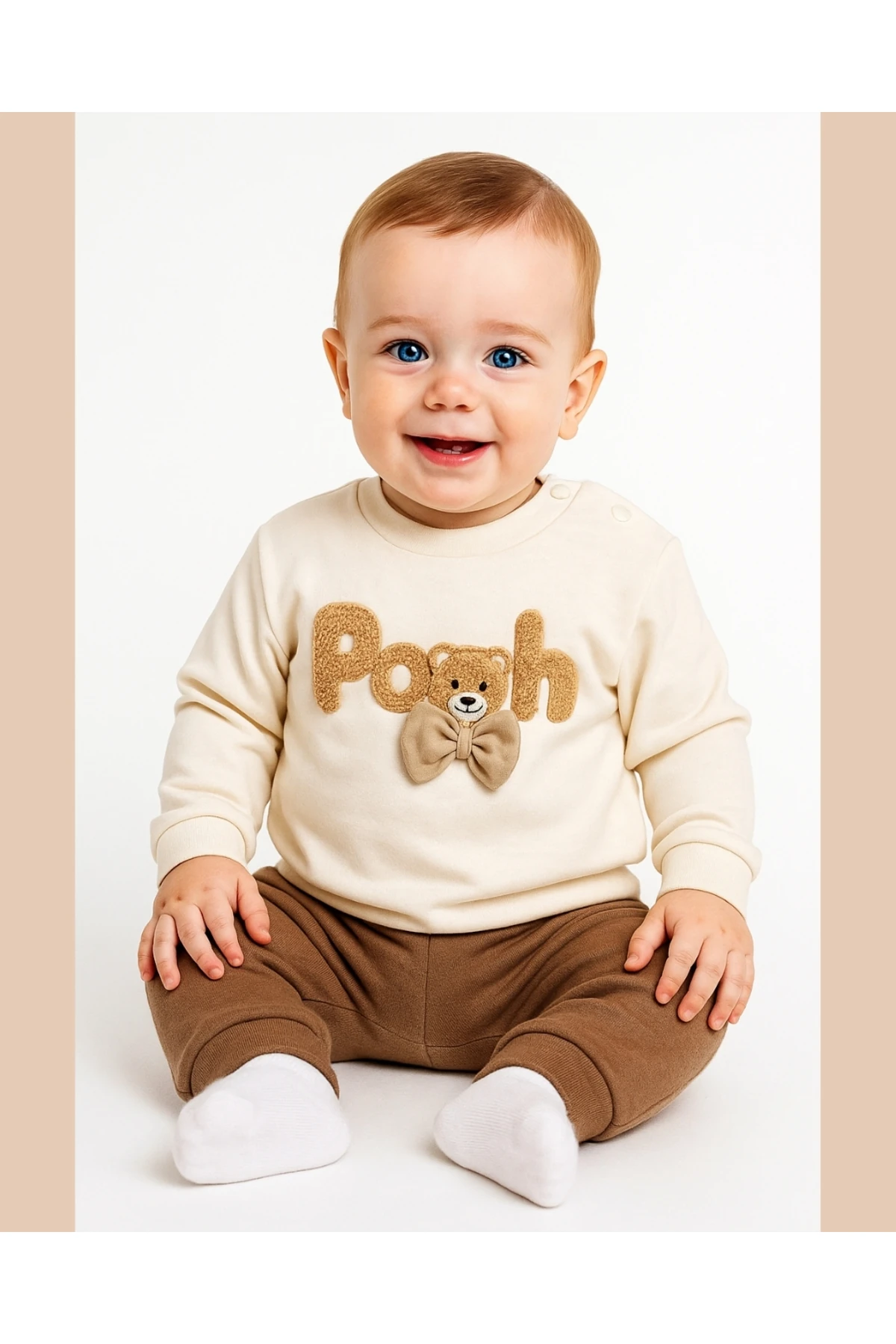 Papyonlu Ayıcık Süzeneli Bebek Takımı – Krem / Bej (3-6-9 Ay)