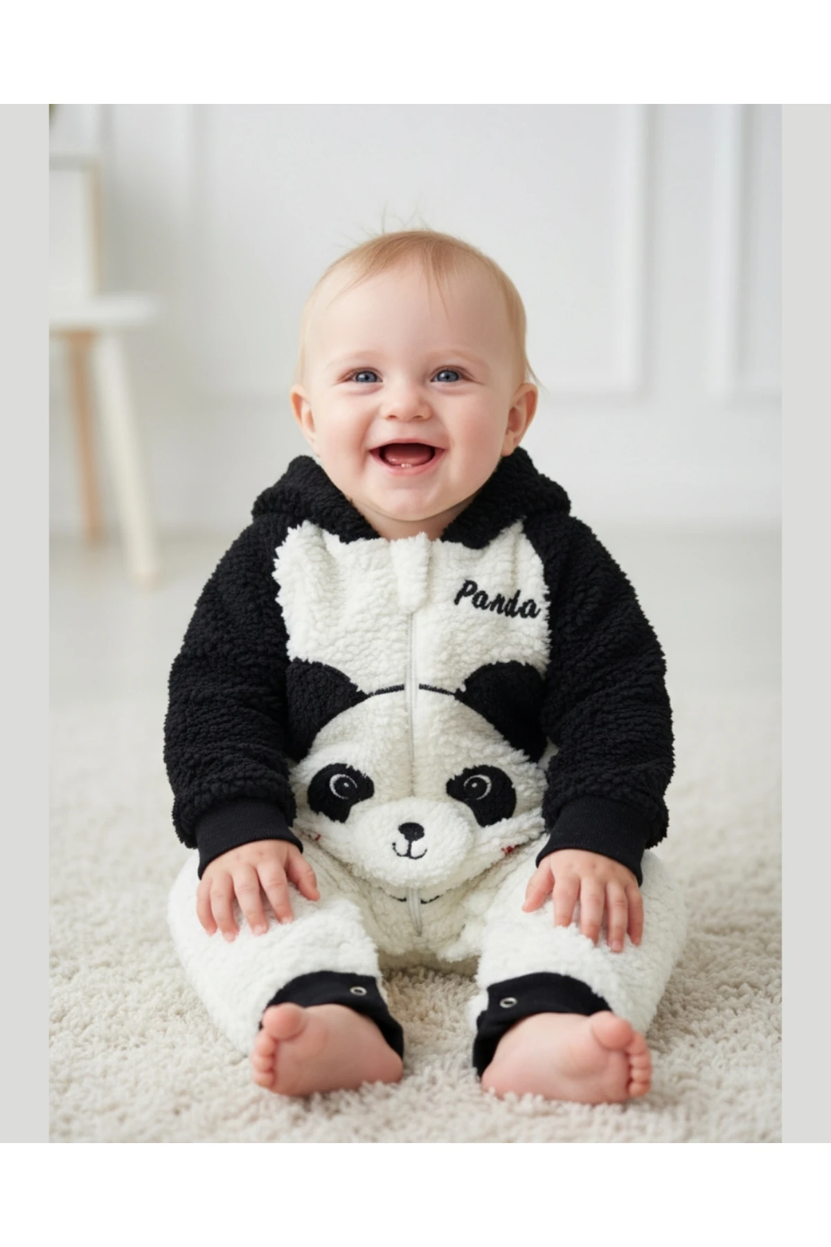 Peluş Panda Bebek Tulumu - Kapüşonlu, Fermuarlı, Alttan çıtçıtlı Pamuklu 0-12 Ay