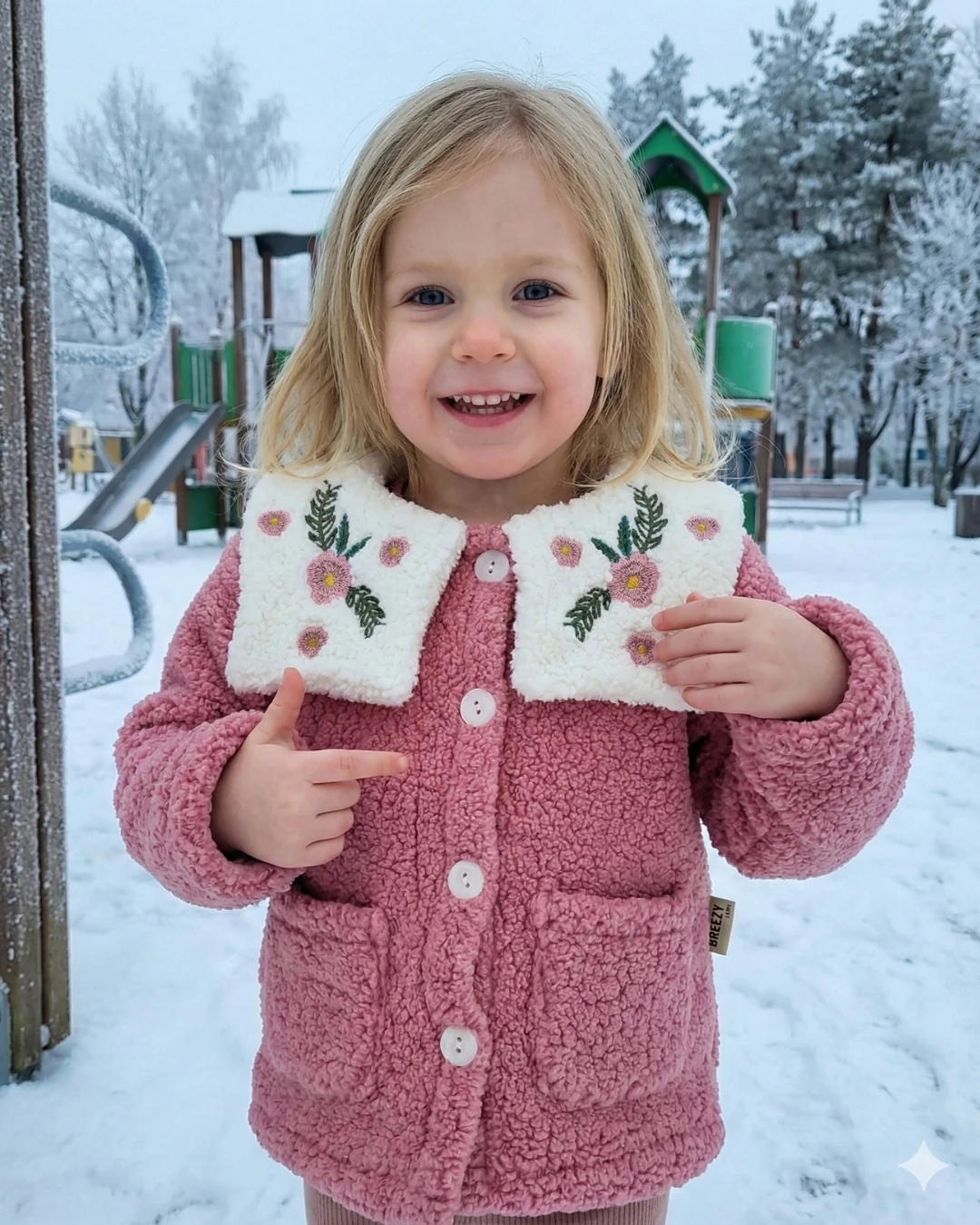 Asliva Kız Çocuk Pembe Peluş Ceket Nakışlı Çiçek Yakalı Düğmeli Cepli Mevsimlik Mont (2-3-4 Yaş)