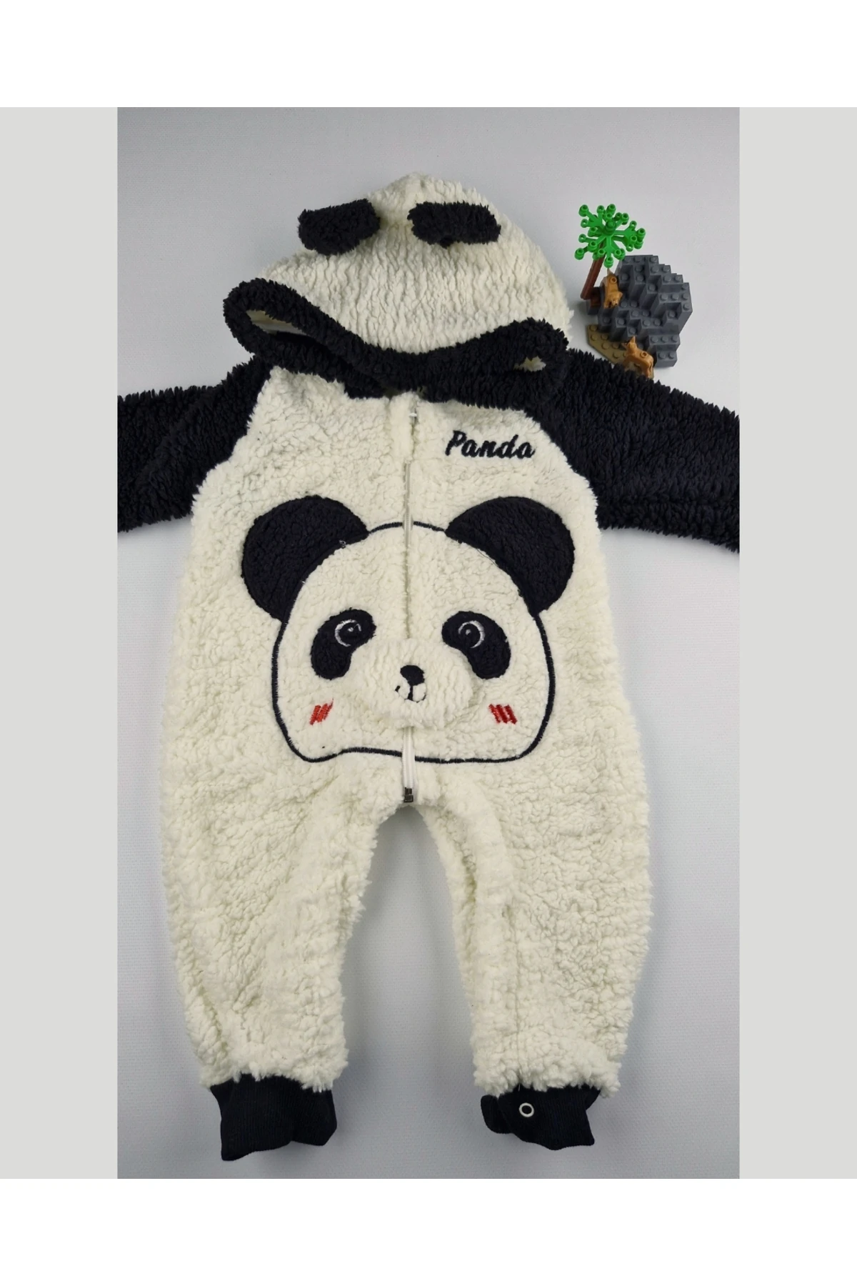 Peluş Panda Bebek Tulumu - Kapüşonlu, Fermuarlı, Alttan çıtçıtlı Pamuklu 0-12 Ay