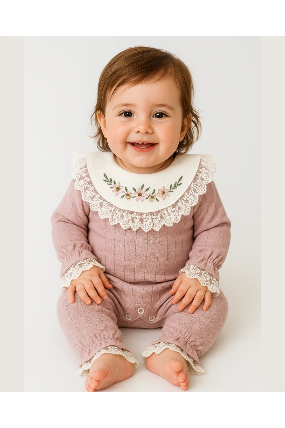 Kız Bebek Dantelli Gül Kurusu Pamuklu Tulum 0-12 Ay