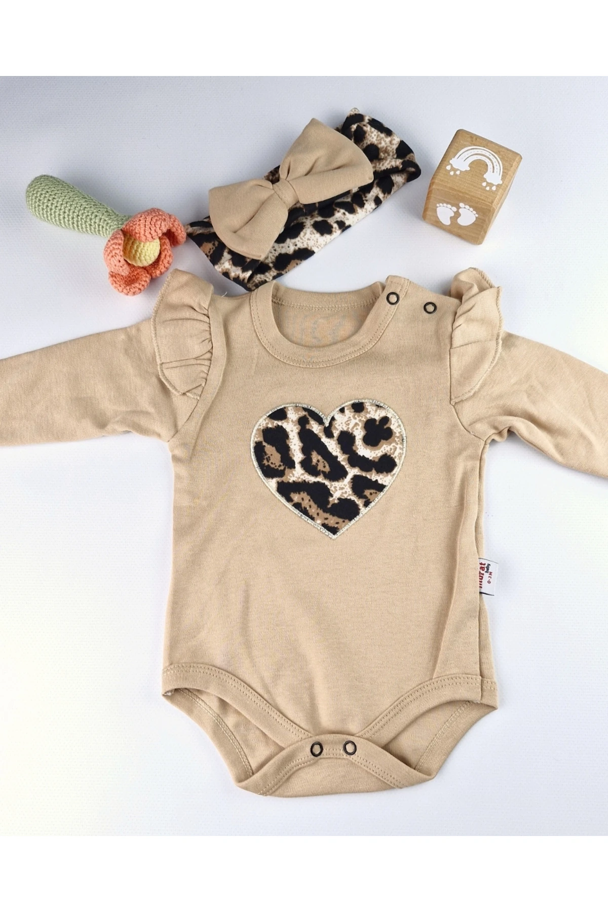 Bebek Takımı Kız Bebek Leopar Desenli Fiyonklu Bandanalı 0-12 Ay Bej/Gül Kurusu
