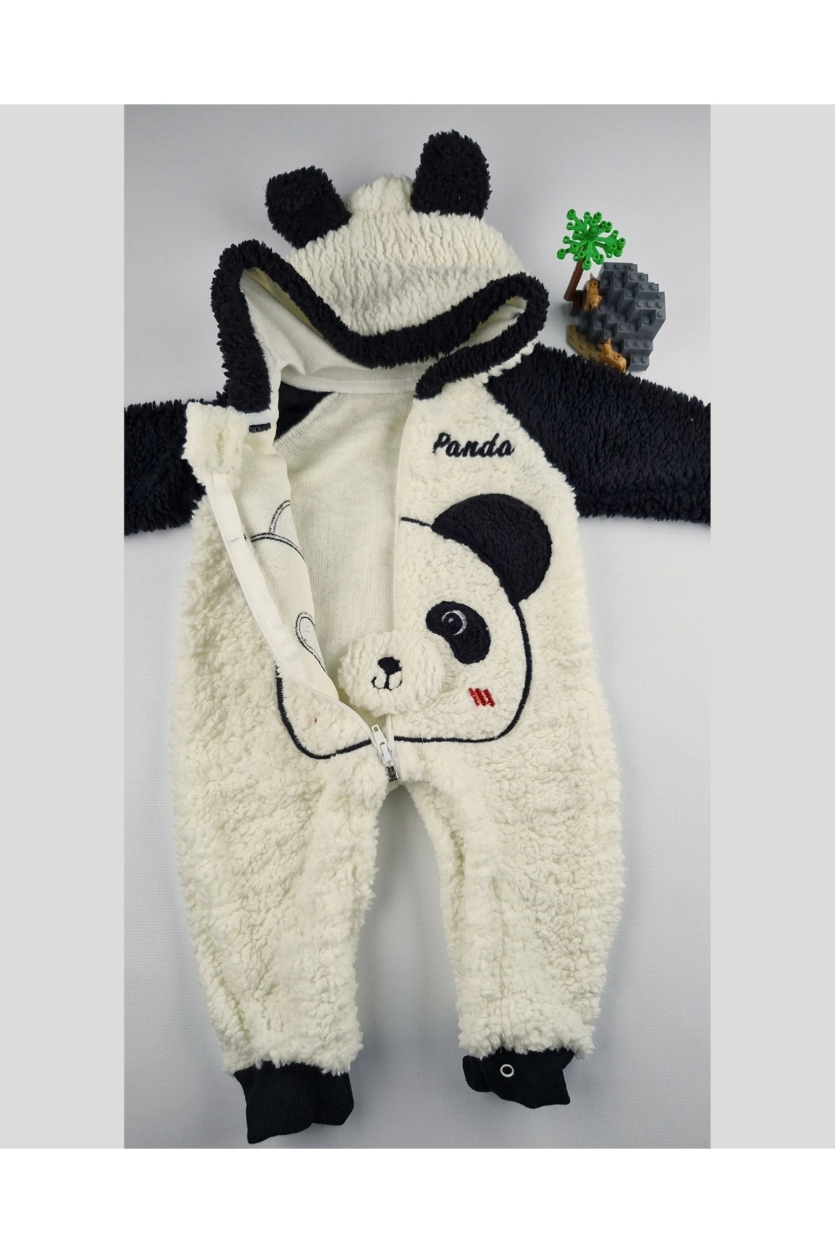 Peluş Panda Bebek Tulumu - Kapüşonlu, Fermuarlı, Alttan çıtçıtlı Pamuklu 0-12 Ay