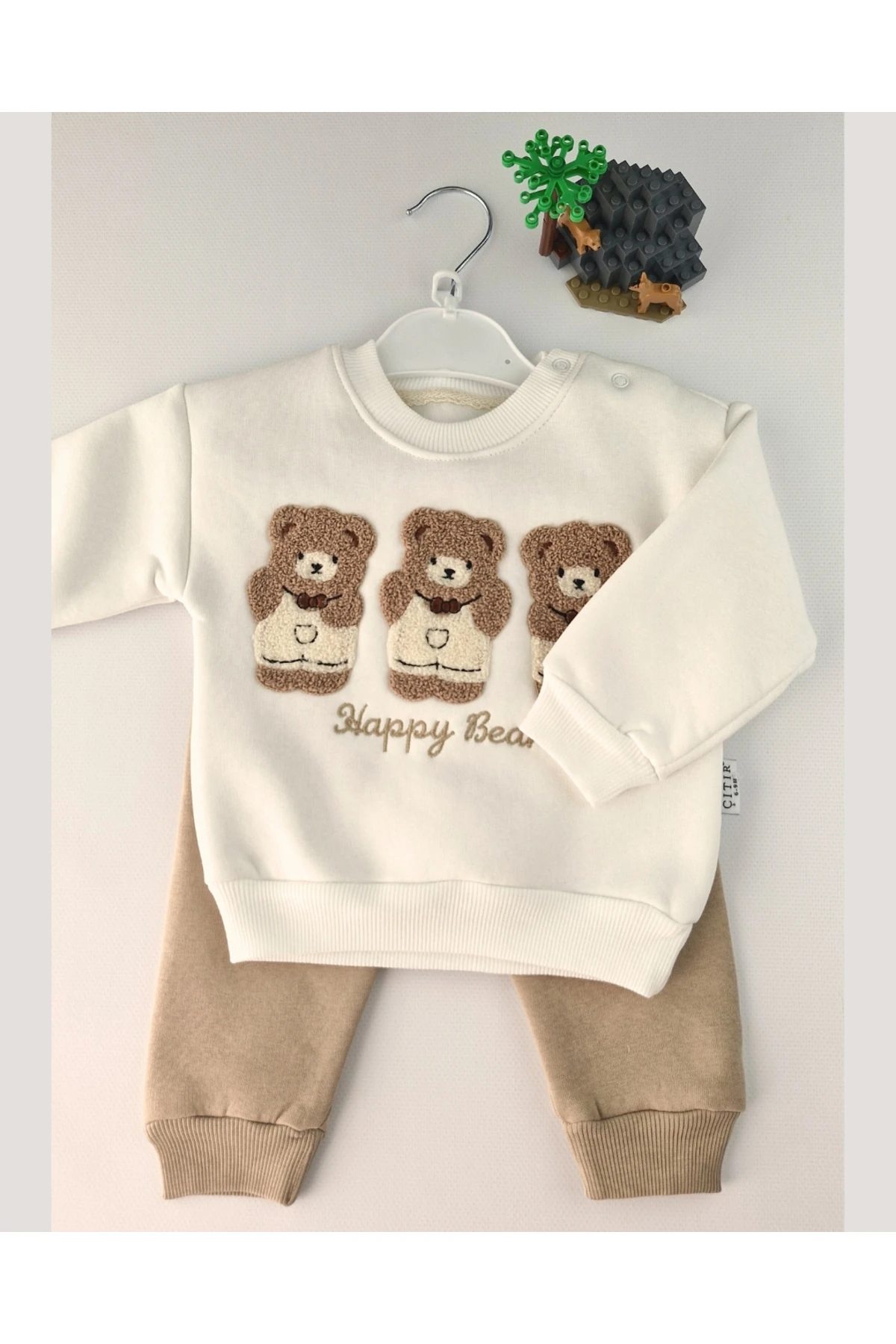 Happy Bear süzeneli ayıcık işleme 2’li Bebek Takımı – Krem / Bej