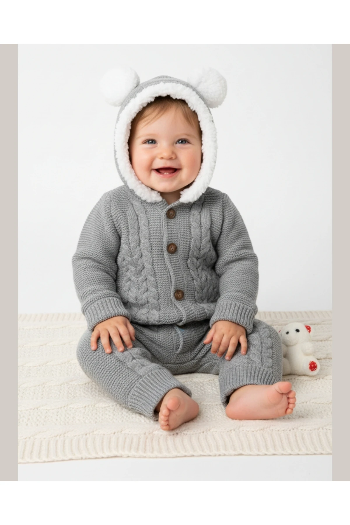 Bebek Triko Tulum – Kapüşonlu Kulak Detaylı Peluş Astarlı Kışlık Bebek Tulumu 6-24 ay