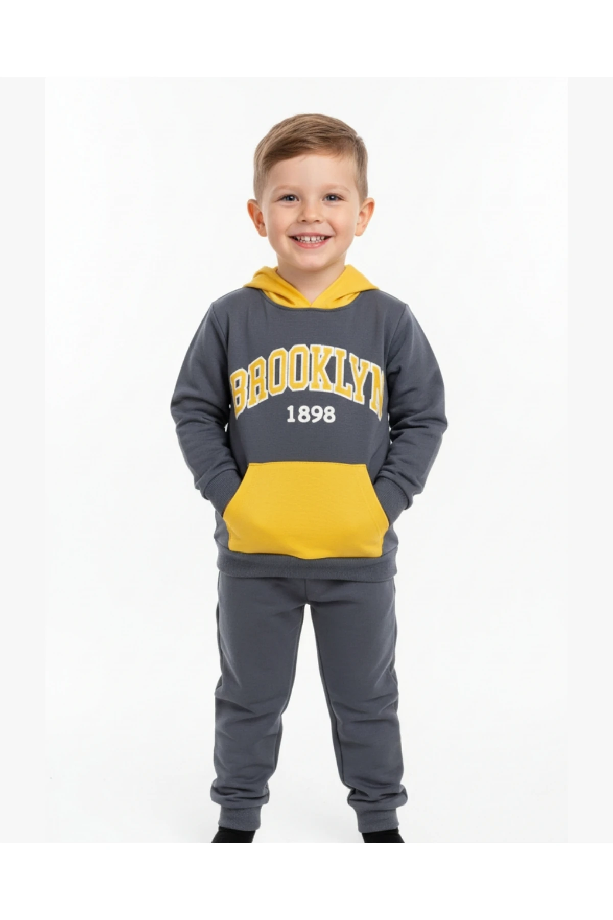 Çocuk Brooklyn Baskılı Pamuklu Kapüşonlu Eşofman Takımı 3-6 Yaş Gri Sarı