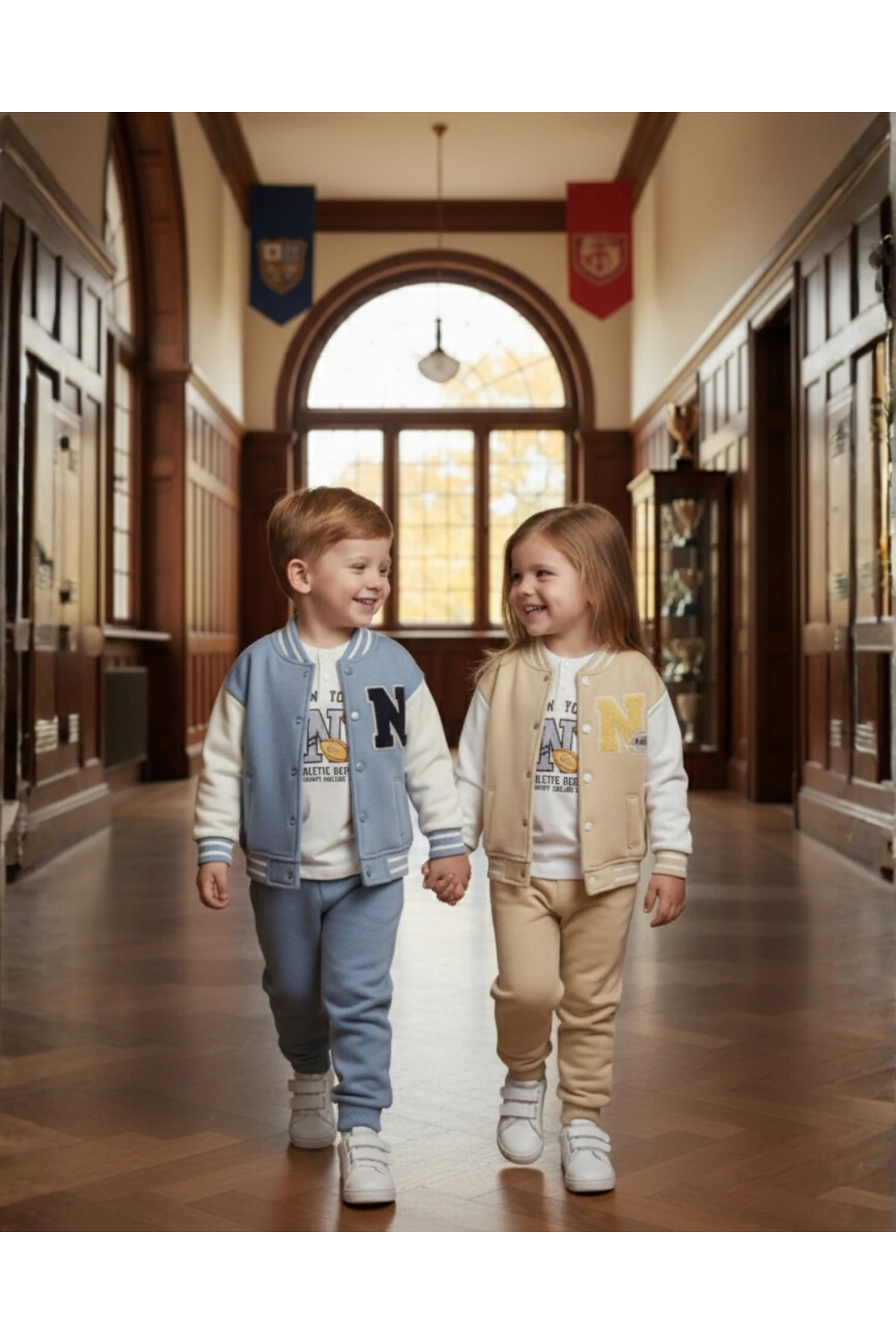 NYC Nakışlı Unisex Kolej Çocuk Takımı 3'lü Ceket Sweat Pantolon (Bej & Mavi)