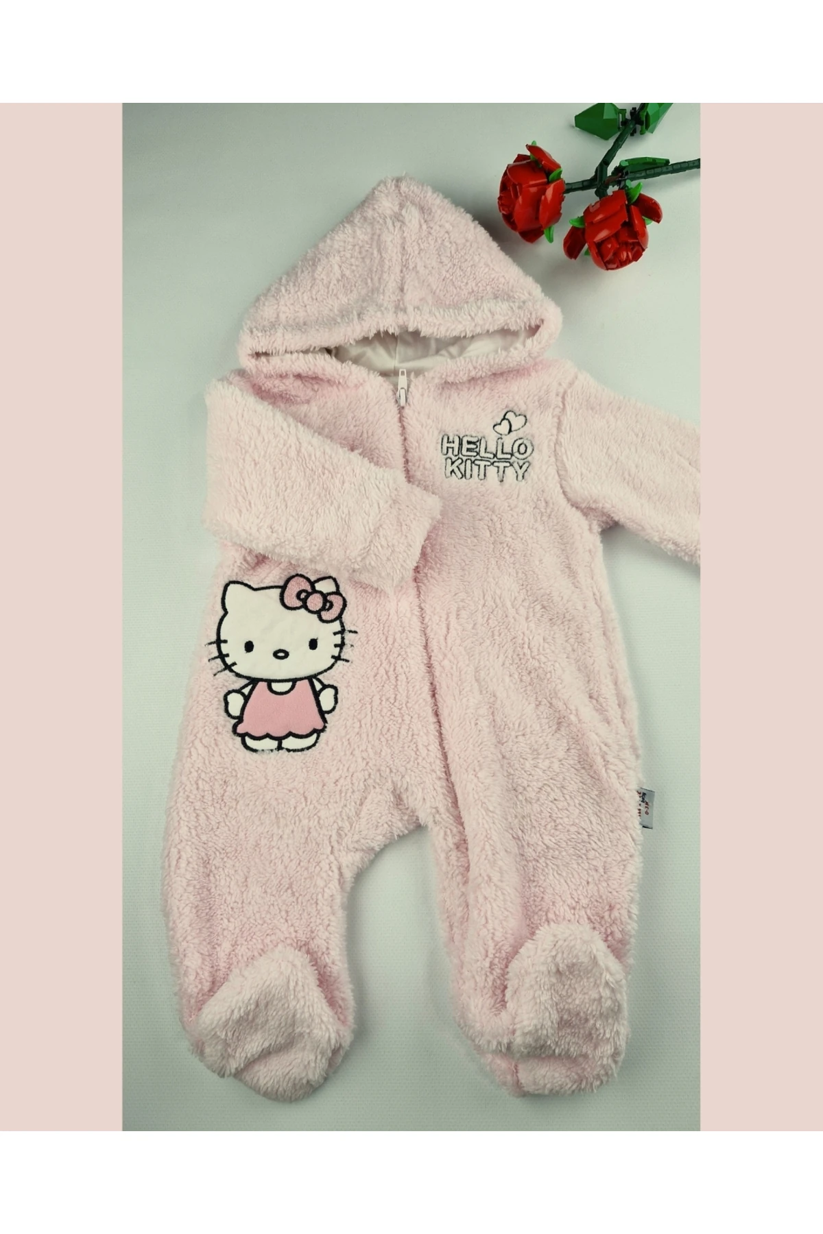 Hello Welsoft Pelüş Kız Bebek Tulum – Kapüşonlu ve Patikli - Pembe/Bej - 0-12 Ay