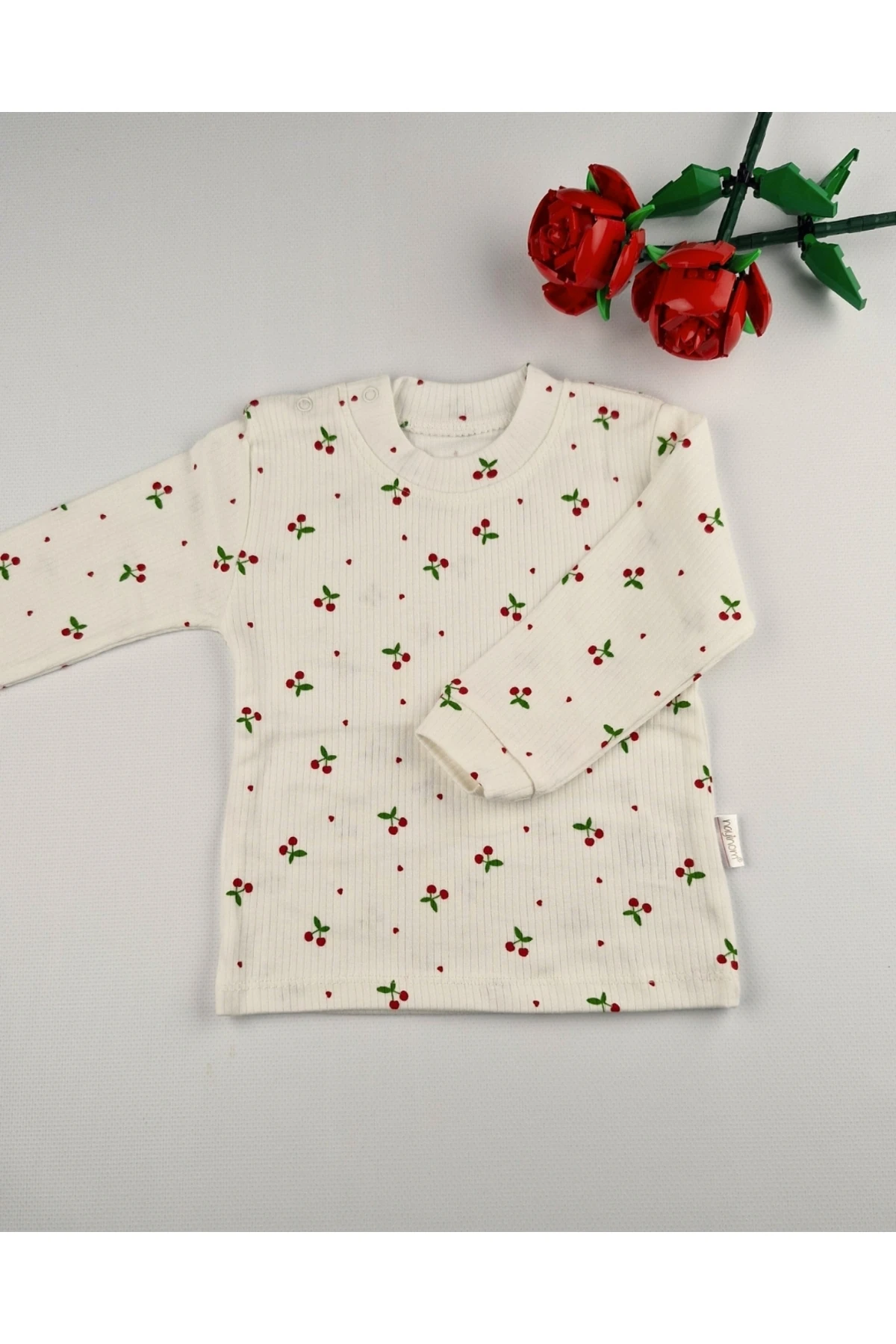 Kiraz Desenli Pamuk Bebek & Çocuk Ribanalı Uzun Kollu Omuzdan çıtçıtlı Sweat - 3,6,9 Ay - 1,2,3 Yaş