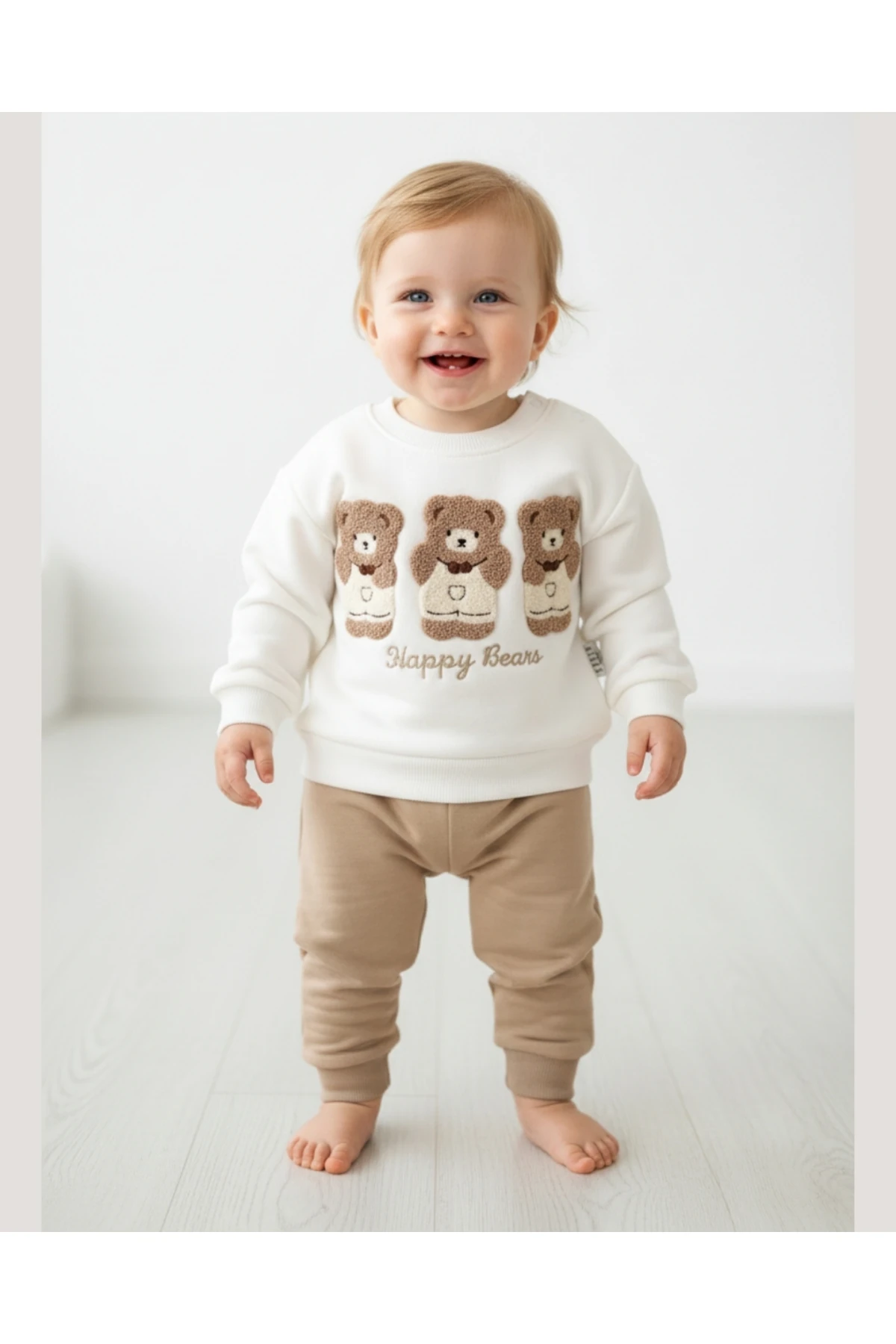 Happy Bear süzeneli ayıcık işleme 2’li Bebek Takımı – Krem / Bej