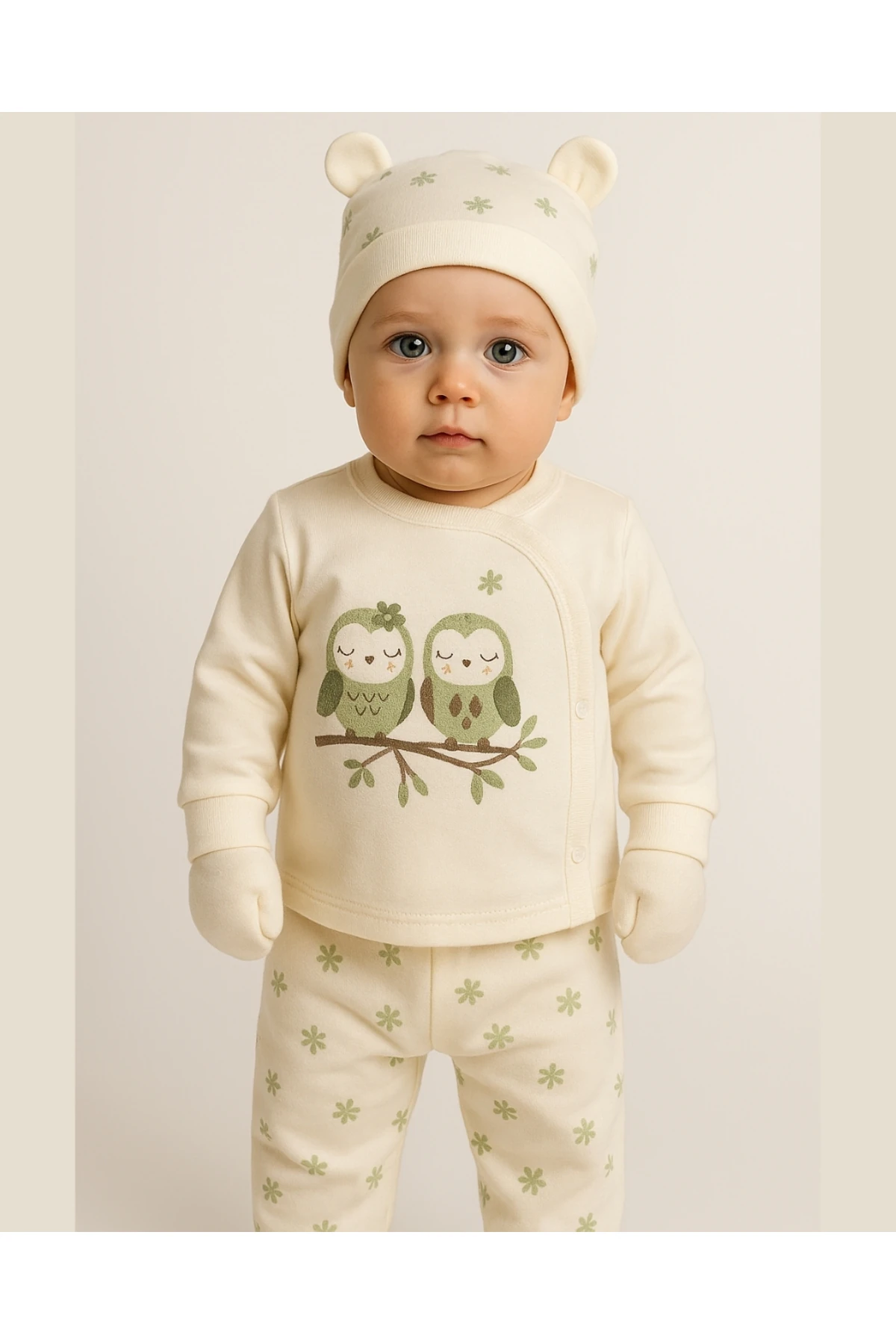 3’lü Bebek Zıbın Takımı 0-3 Ay – Baykuş Desenli Krem