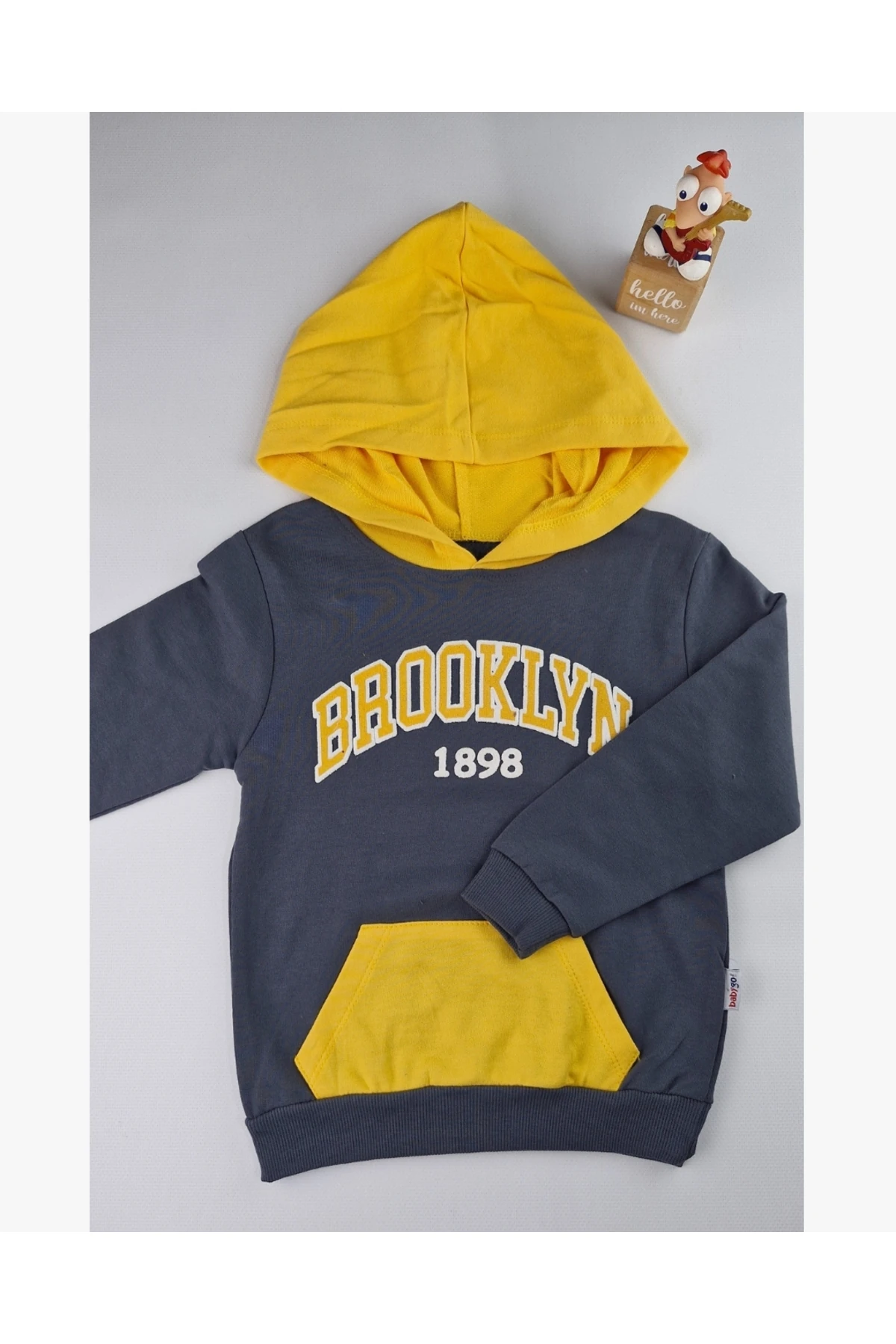 Çocuk Brooklyn Baskılı Pamuklu Kapüşonlu Eşofman Takımı 3-6 Yaş Gri Sarı