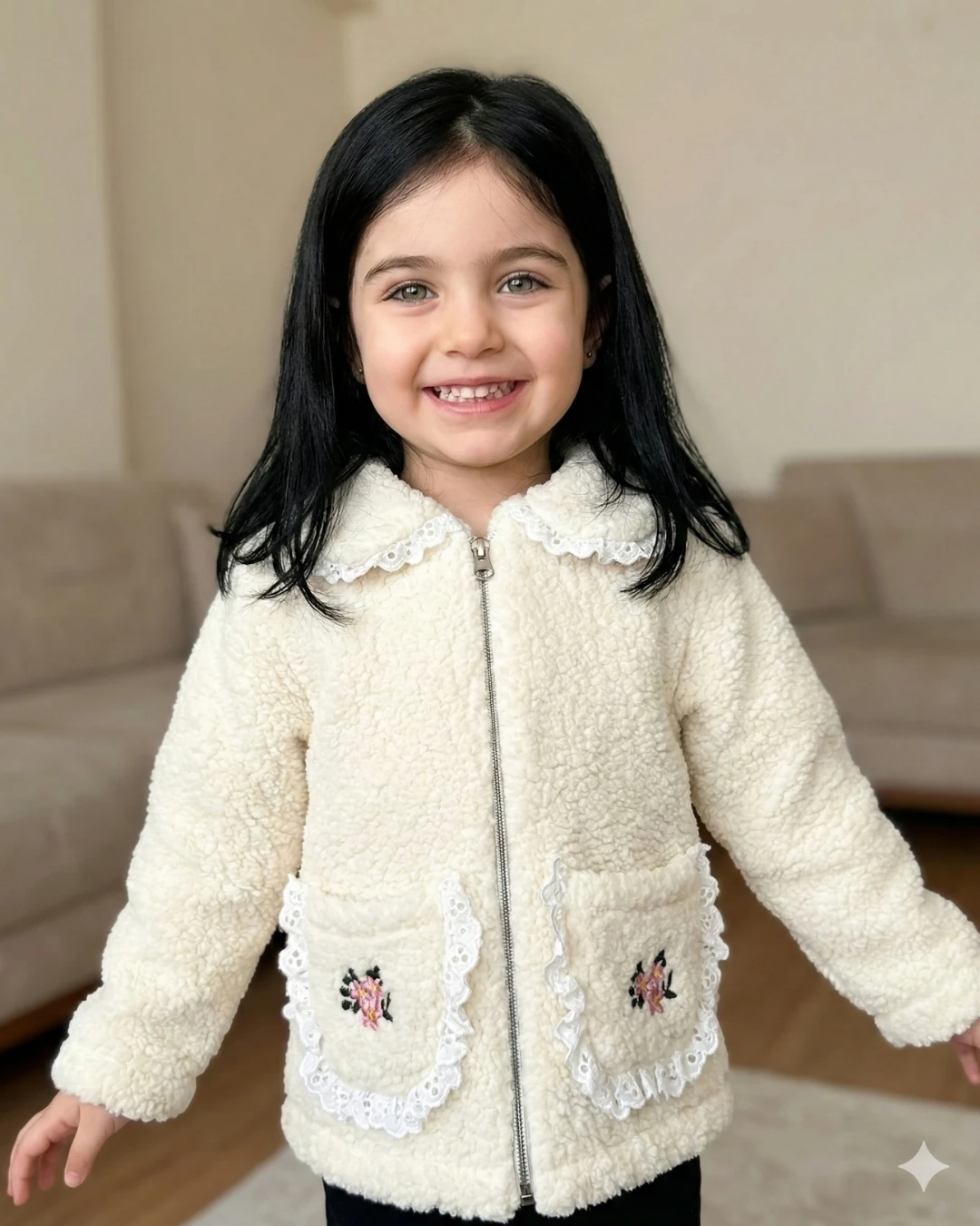 Asliva Kız Çocuk Krem Dantel Ve Nakış Detaylı Fermuarlı Peluş Ceket Mont Hırka (2,3,4 Yaş)