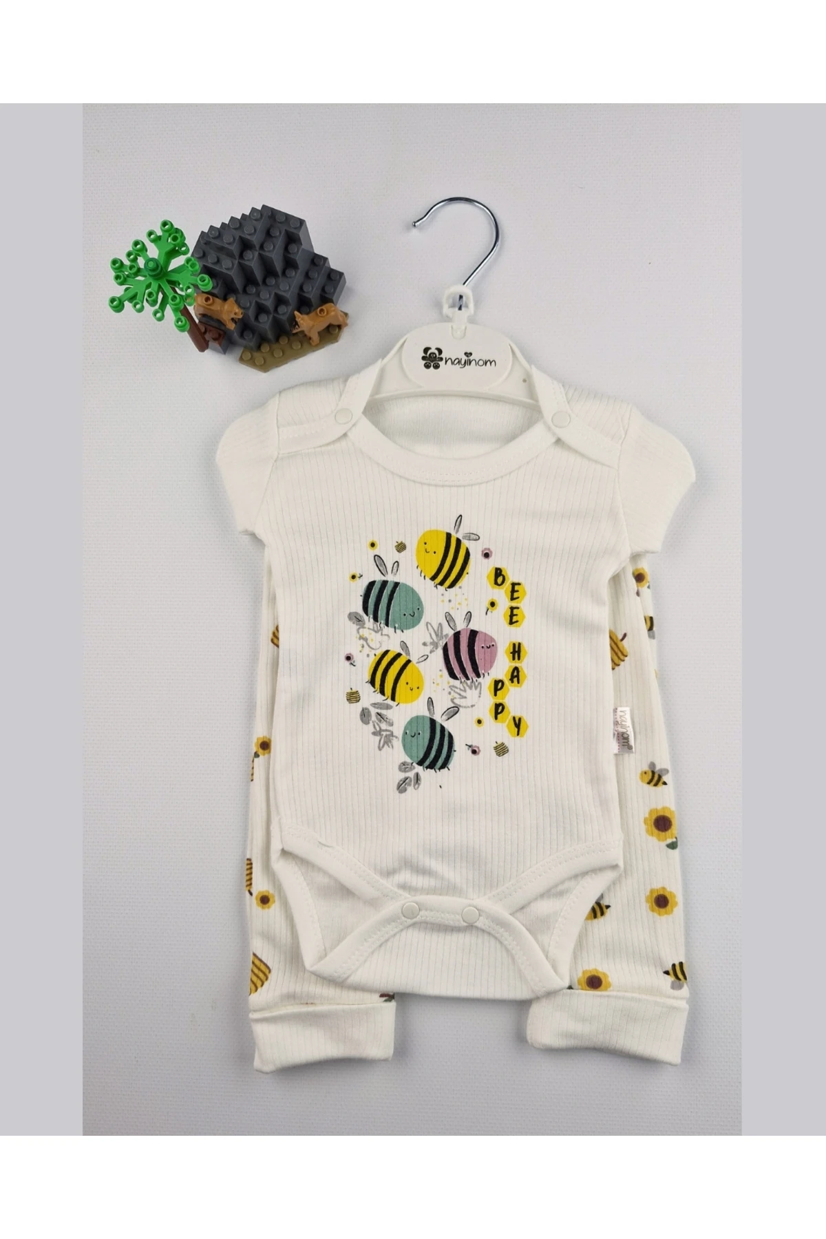 Bee Happy Pamuklu Arı Ayçiçeği Desenli Bebek Takımı - 0-9 Ay