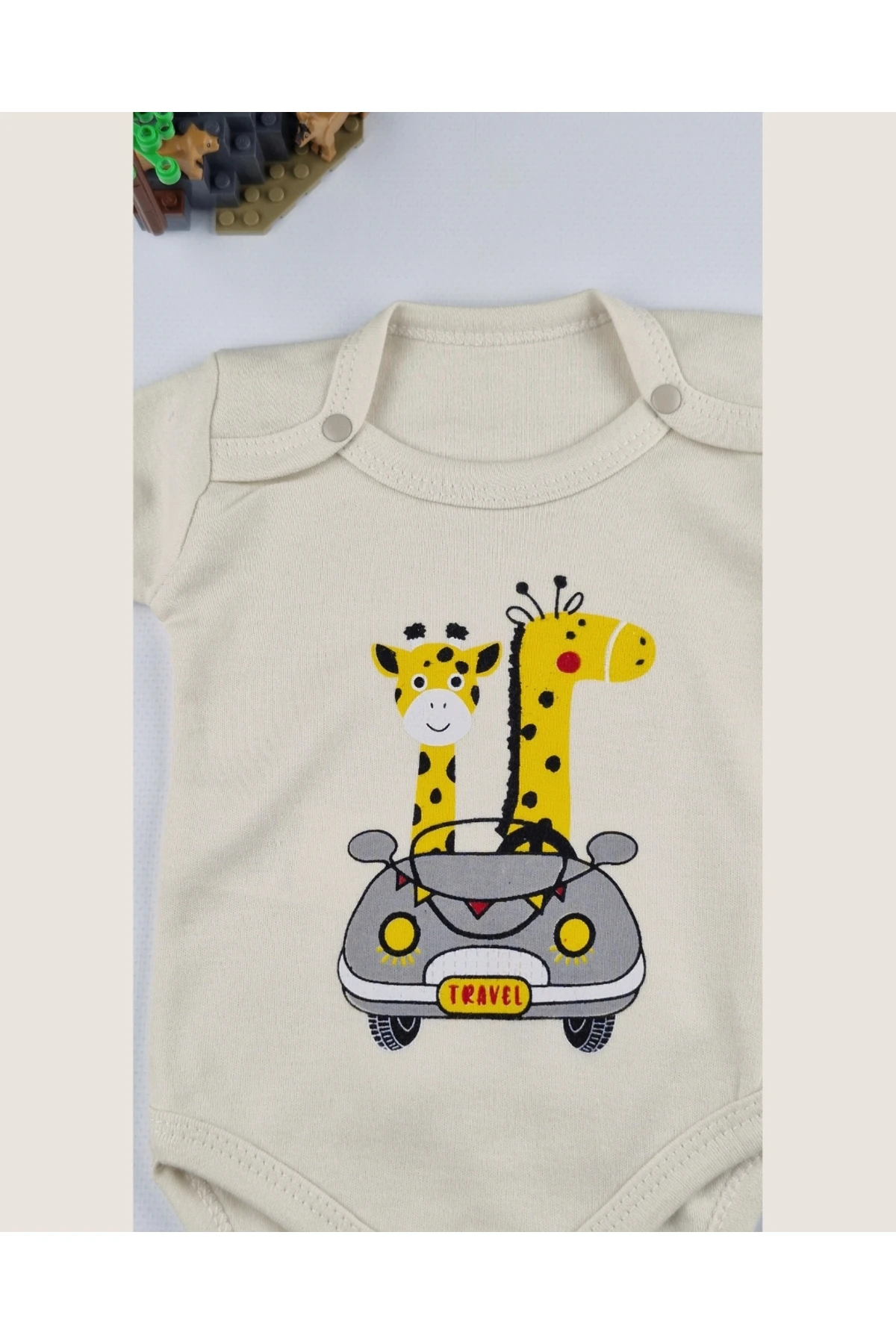 Uzun Kollu Pamuk Safari Baskılı Bebek çıtçıtlı Body & Alt Takım – Krem/Mavi - 0-9 Ay