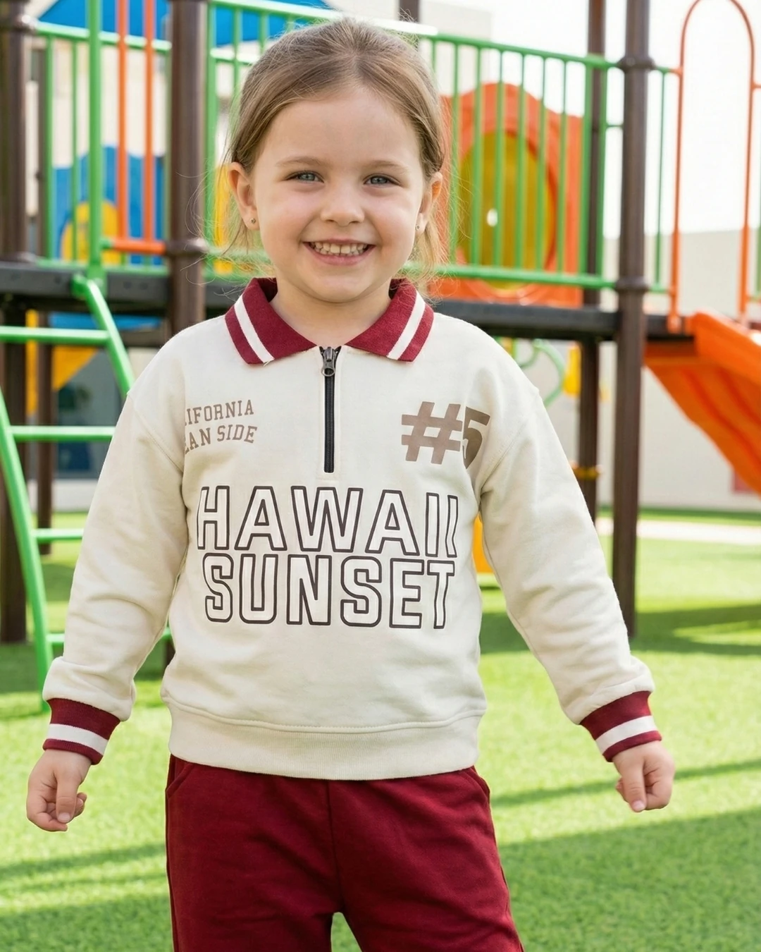 Asliva Unisex Çocuk Bordo Hawaii Sunset Baskılı Polo Yaka Yarım Fermuarlı Pamuklu Eşofman Takımı