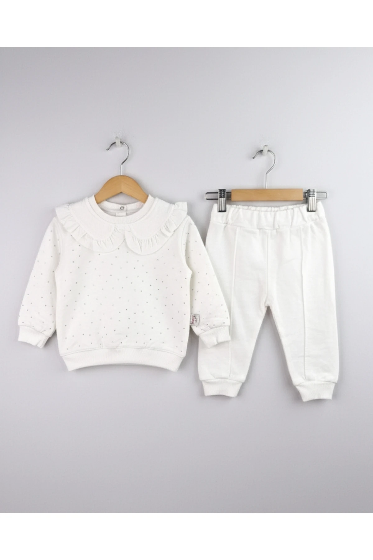 Asliva Kız Bebek Bebe Yaka Parlak Boncuklu Pamuklu 2'li Takım Beyaz (6-24 Ay)