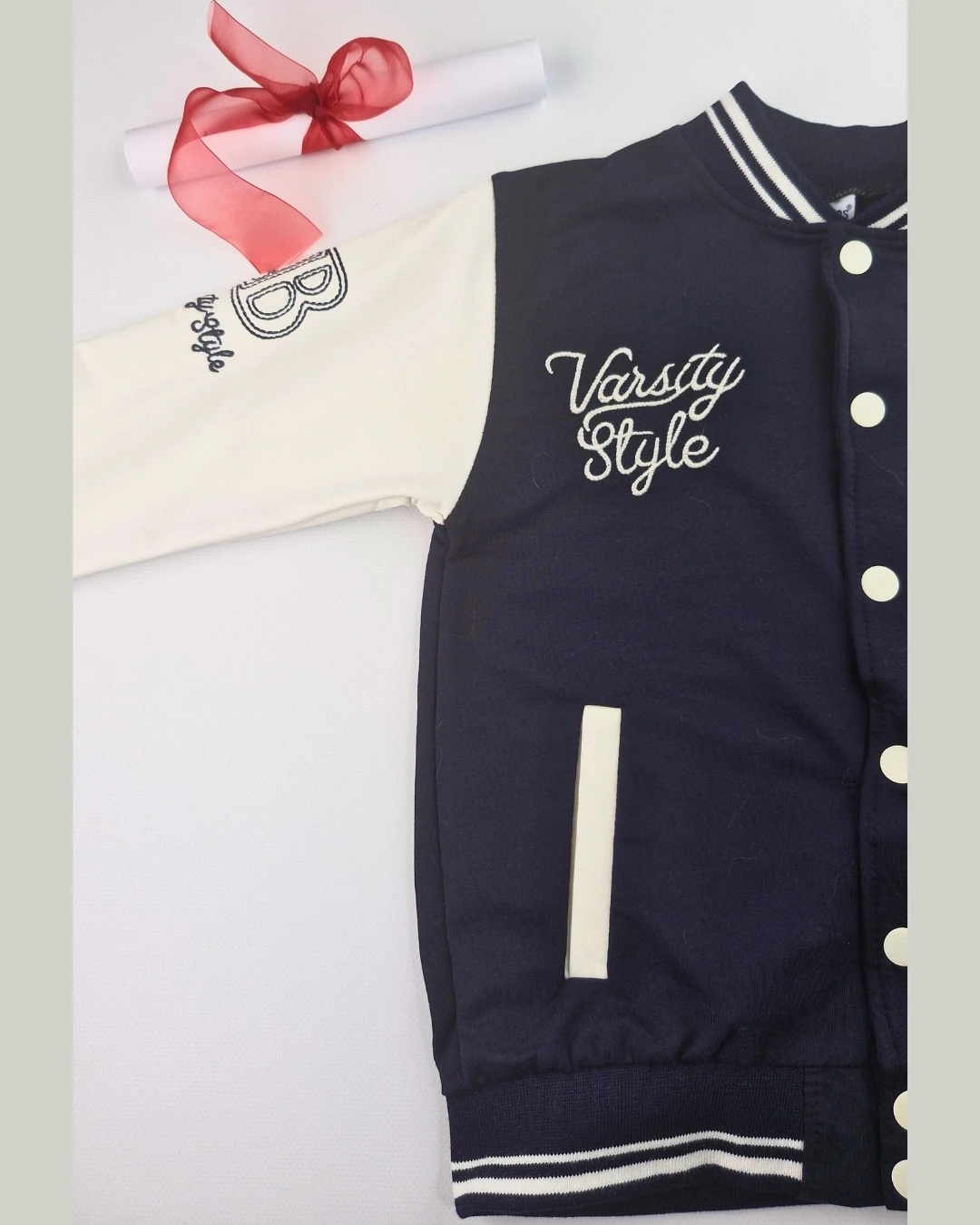 Asliva Çocuk Lacivert Beyaz Kolej Ceket Varsity Style B Harf Nakışlı Ceket (6-9 Yaş)