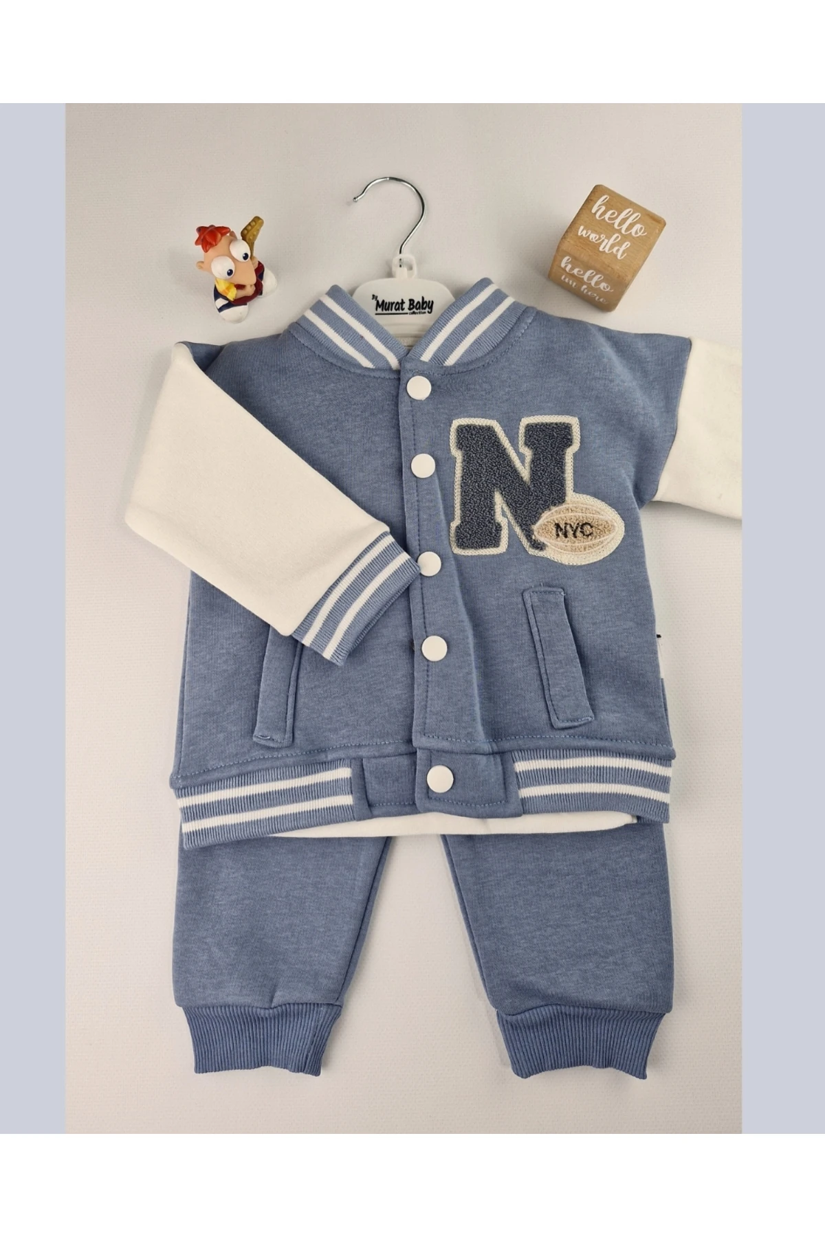 NYC Nakışlı Unisex Kolej Çocuk Takımı 3'lü Ceket Sweat Pantolon (Bej & Mavi)