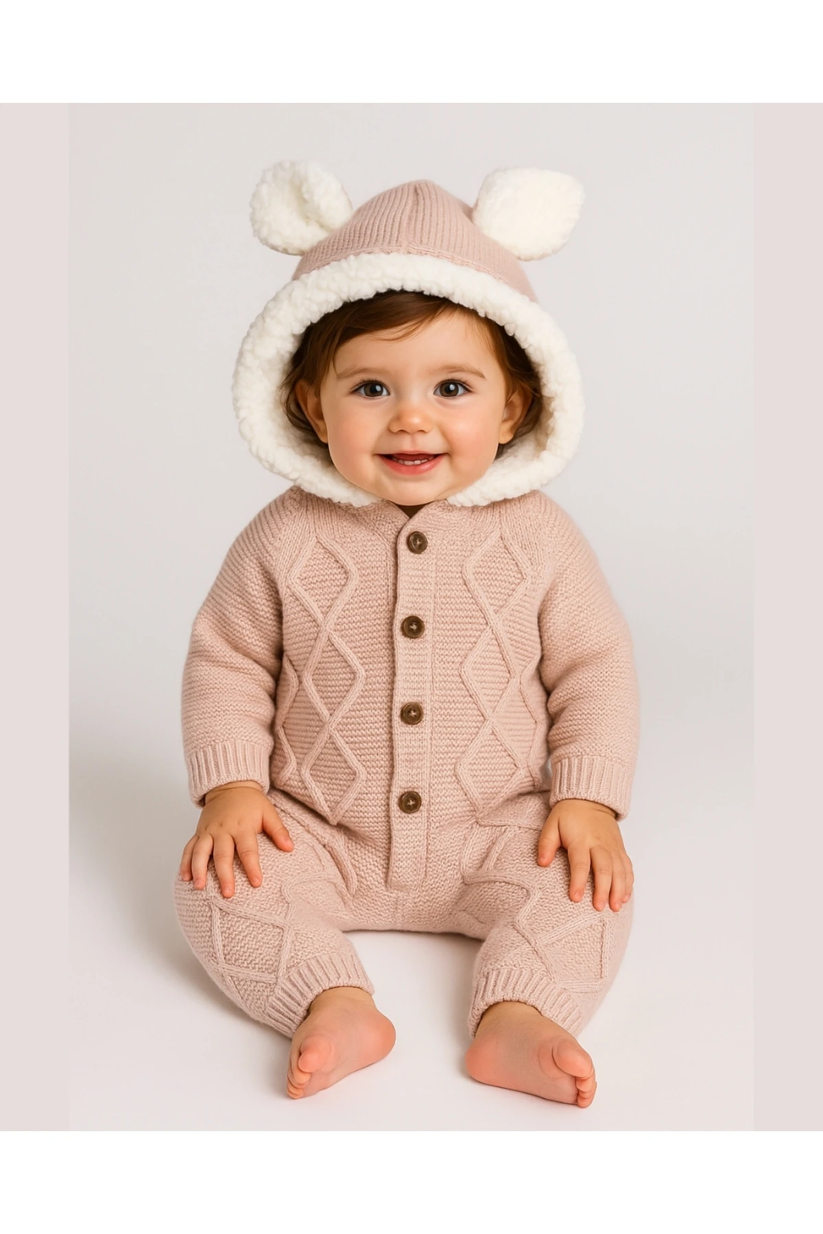 Kız Bebek Pudra Pembe Triko Tulum – Peluş Astarlı Kapüşonlu Kışlık (6-24 Ay)