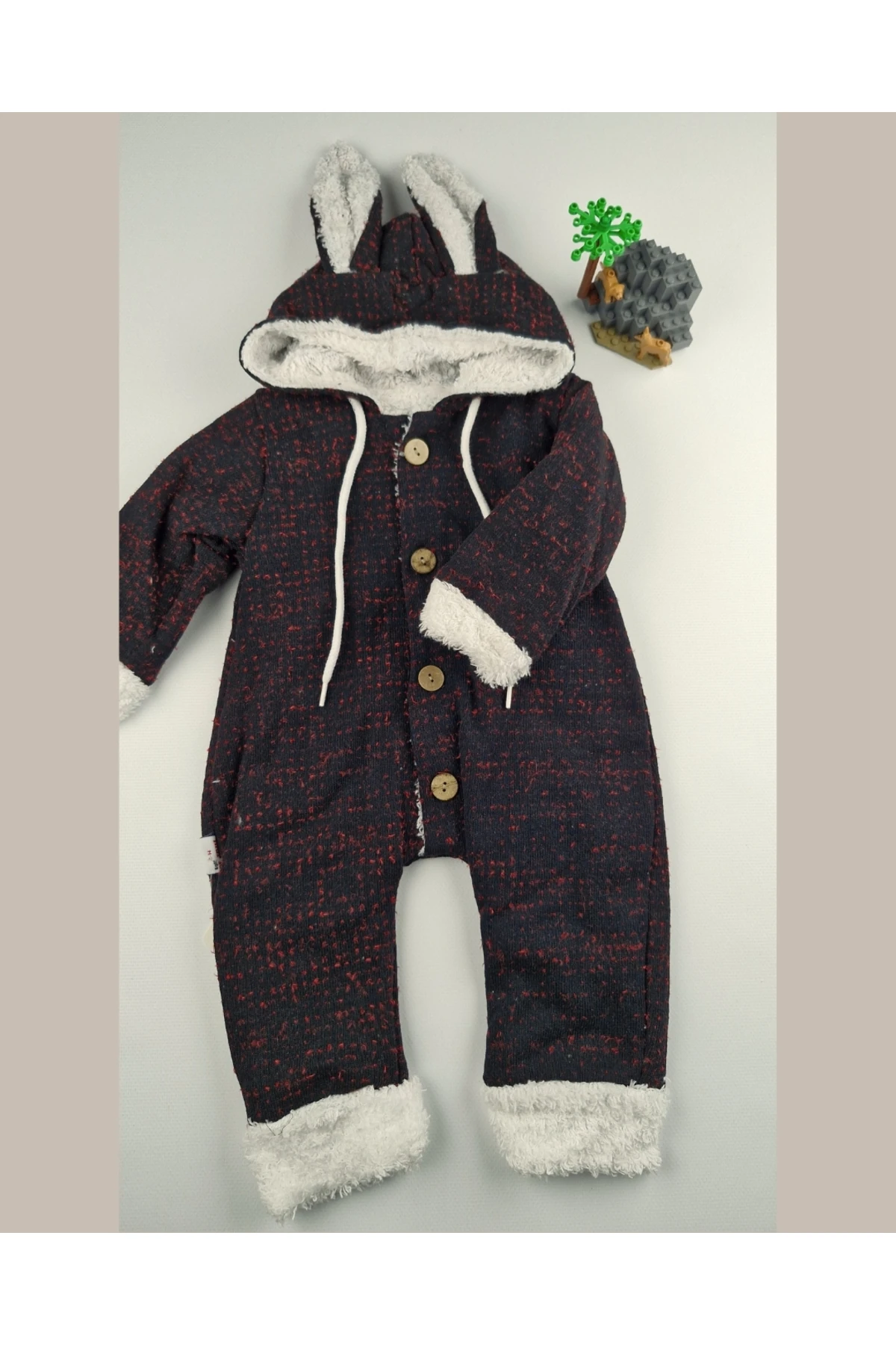 Pamuklu Welsoft Bebek Tulumu Tavşan Kulaklı Kapüşonlu & Düğmeli Siyah - 9-24 Ay