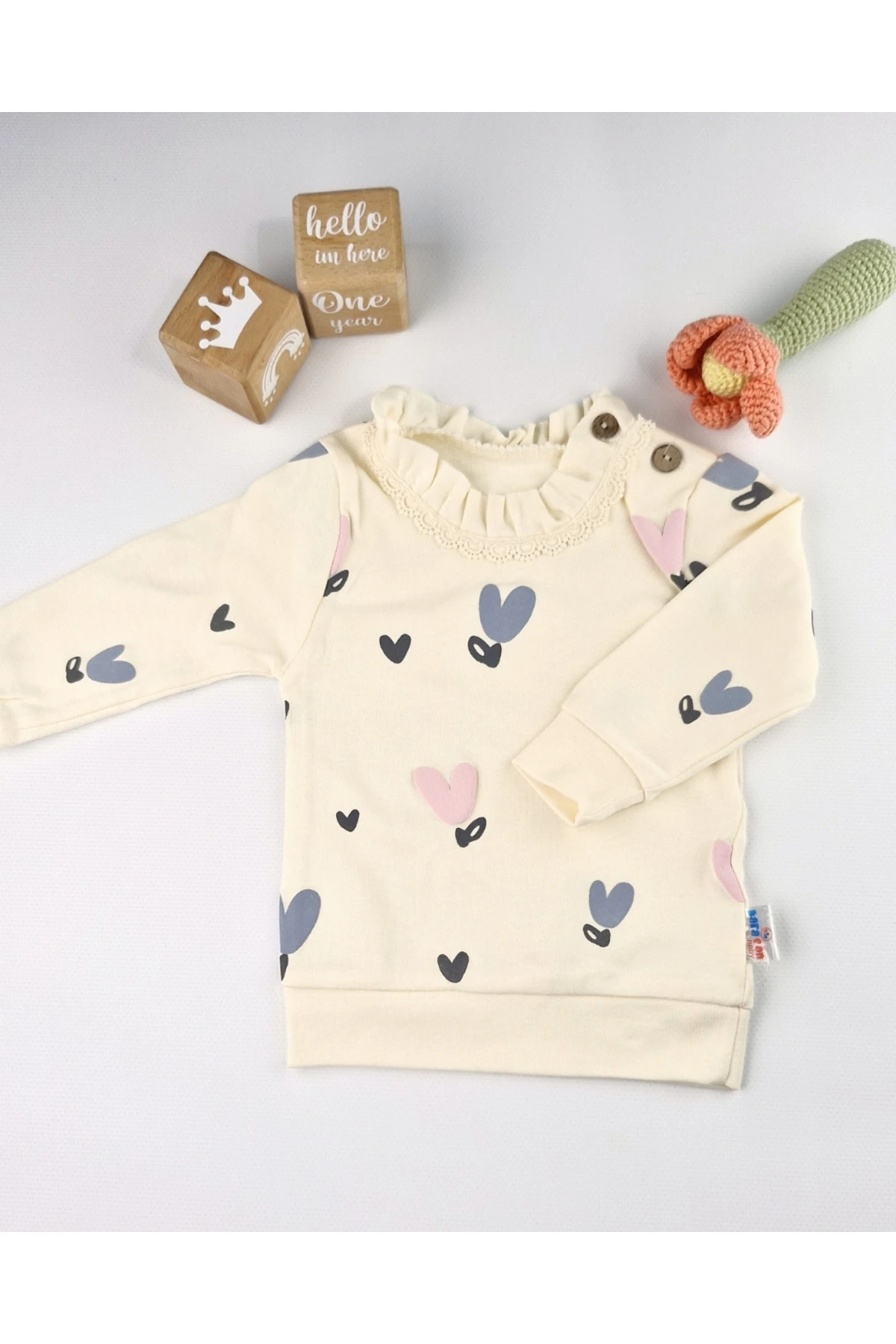 Asliva Kız Bebek Krem Kalp Desenli Fırfırlı Üst & Pembe Tayt Takım 6-18 Ay
