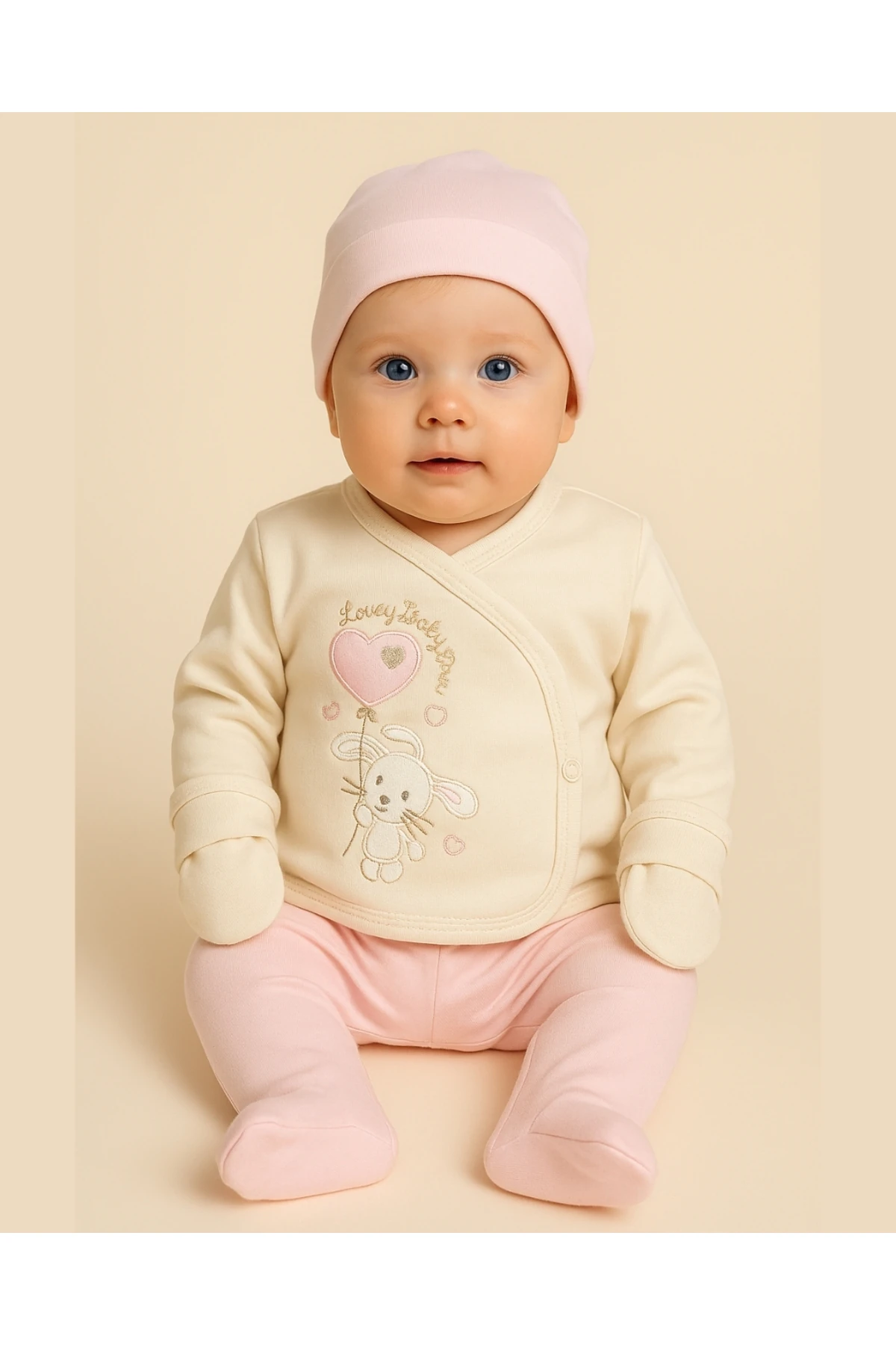 Lovely Bunny 5'li Kız Bebek Zıbın Takımı – Pembe & Krem