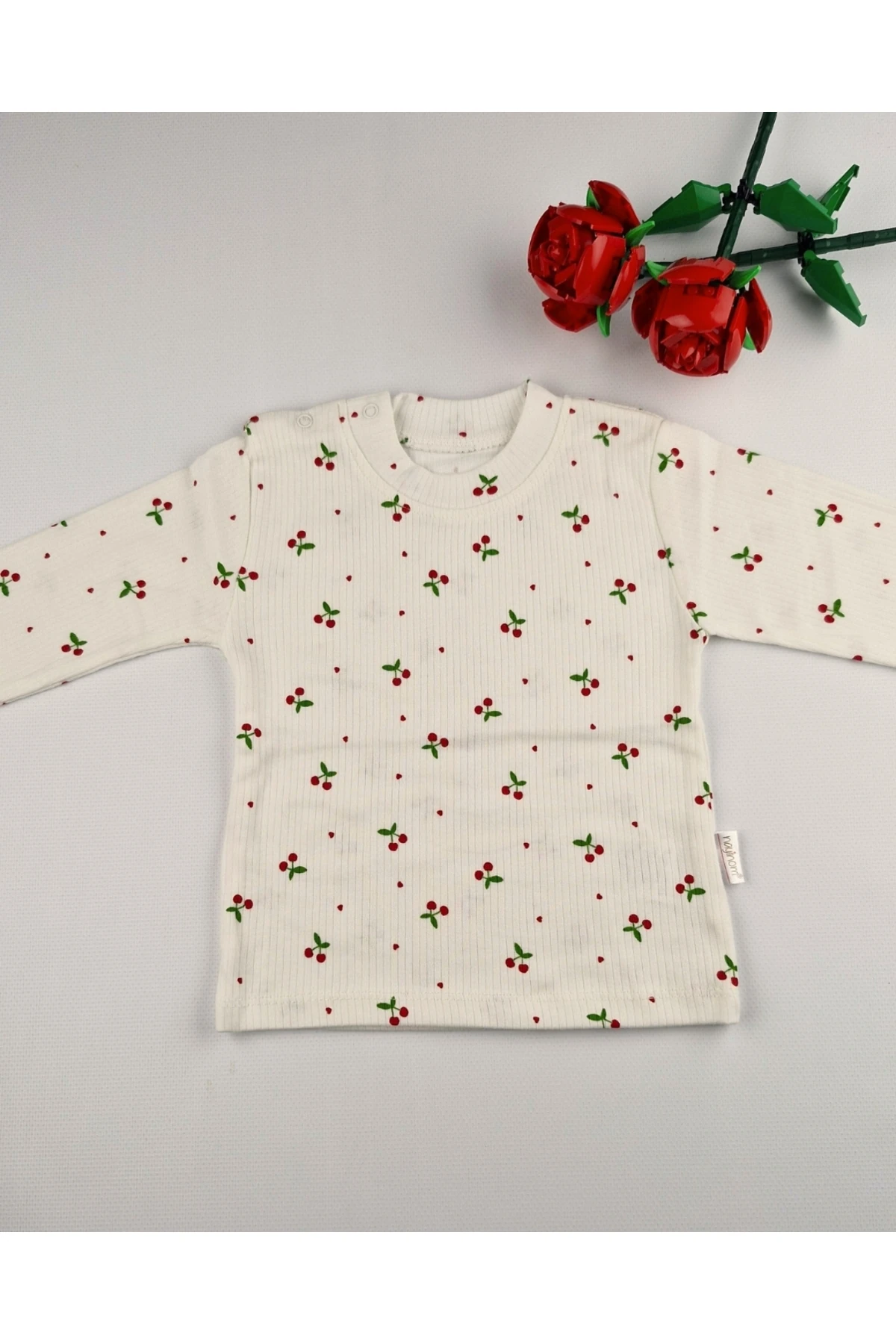 Kiraz Desenli Pamuk Bebek & Çocuk Ribanalı Uzun Kollu Omuzdan çıtçıtlı Sweat - 3,6,9 Ay - 1,2,3 Yaş
