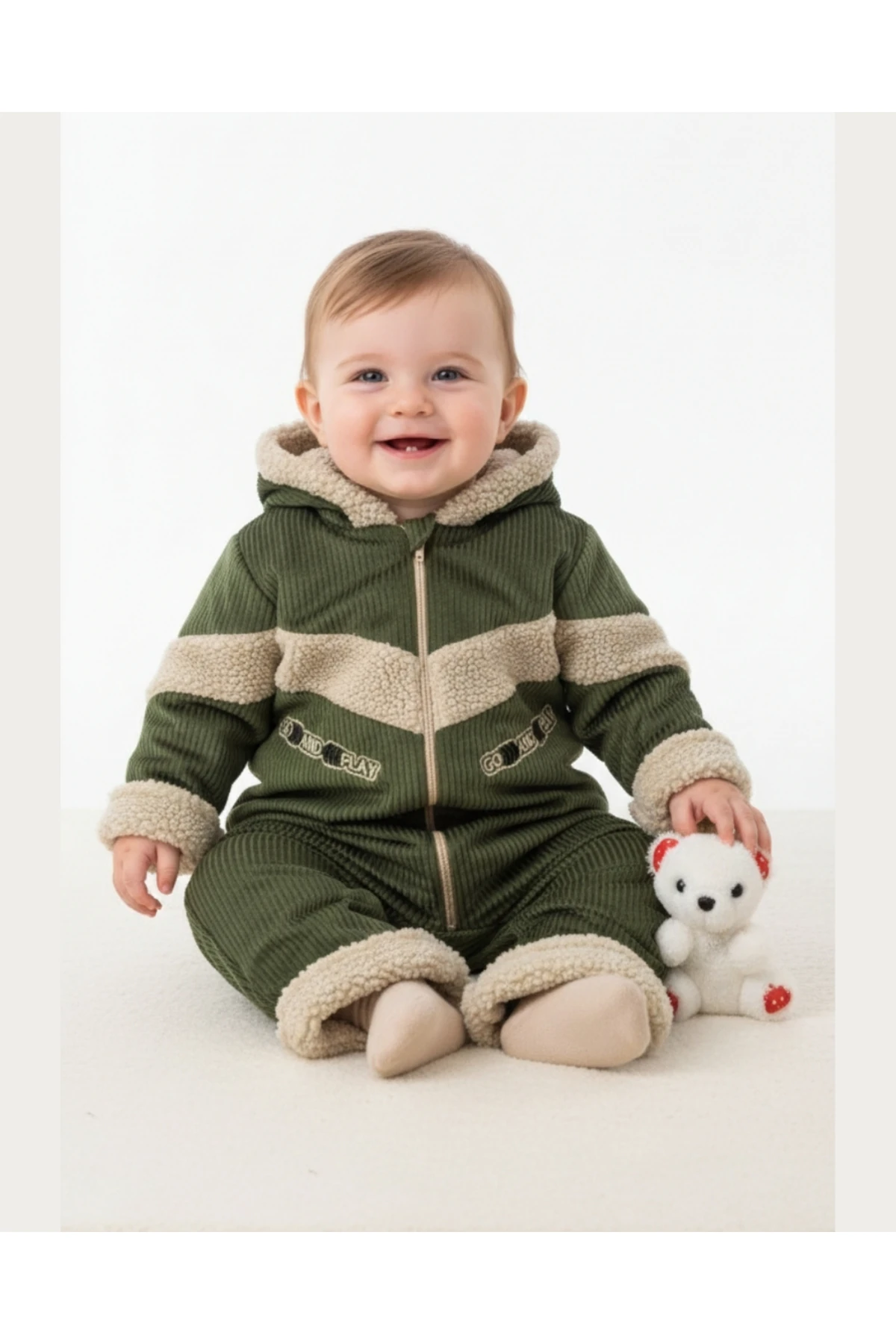 Kadife Welsoft Astarlı Bebek Tulum – Kışlık Kapüşonlu Model