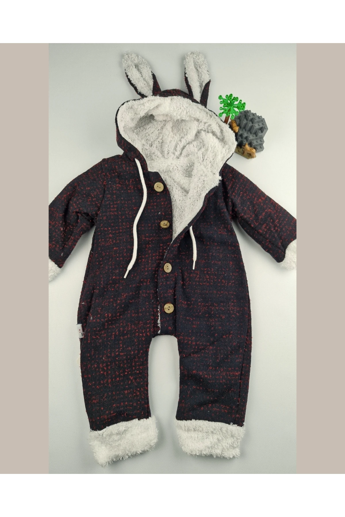 Pamuklu Welsoft Bebek Tulumu Tavşan Kulaklı Kapüşonlu & Düğmeli Siyah - 9-24 Ay