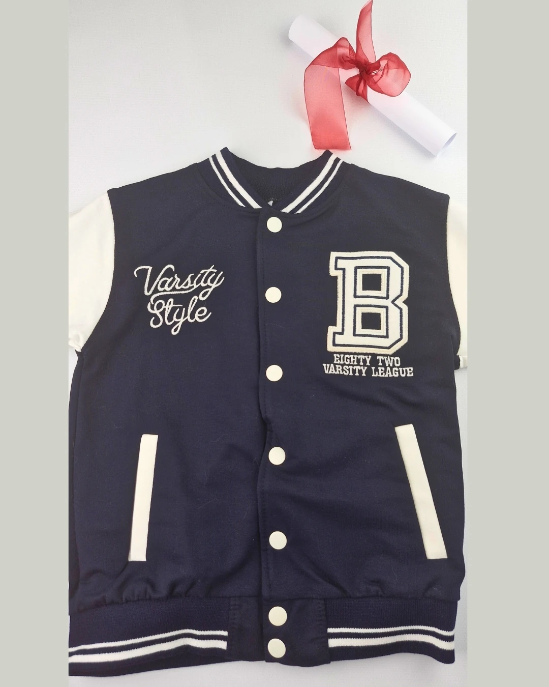 Asliva Çocuk Lacivert Beyaz Kolej Ceket Varsity Style B Harf Nakışlı Ceket (6-9 Yaş)