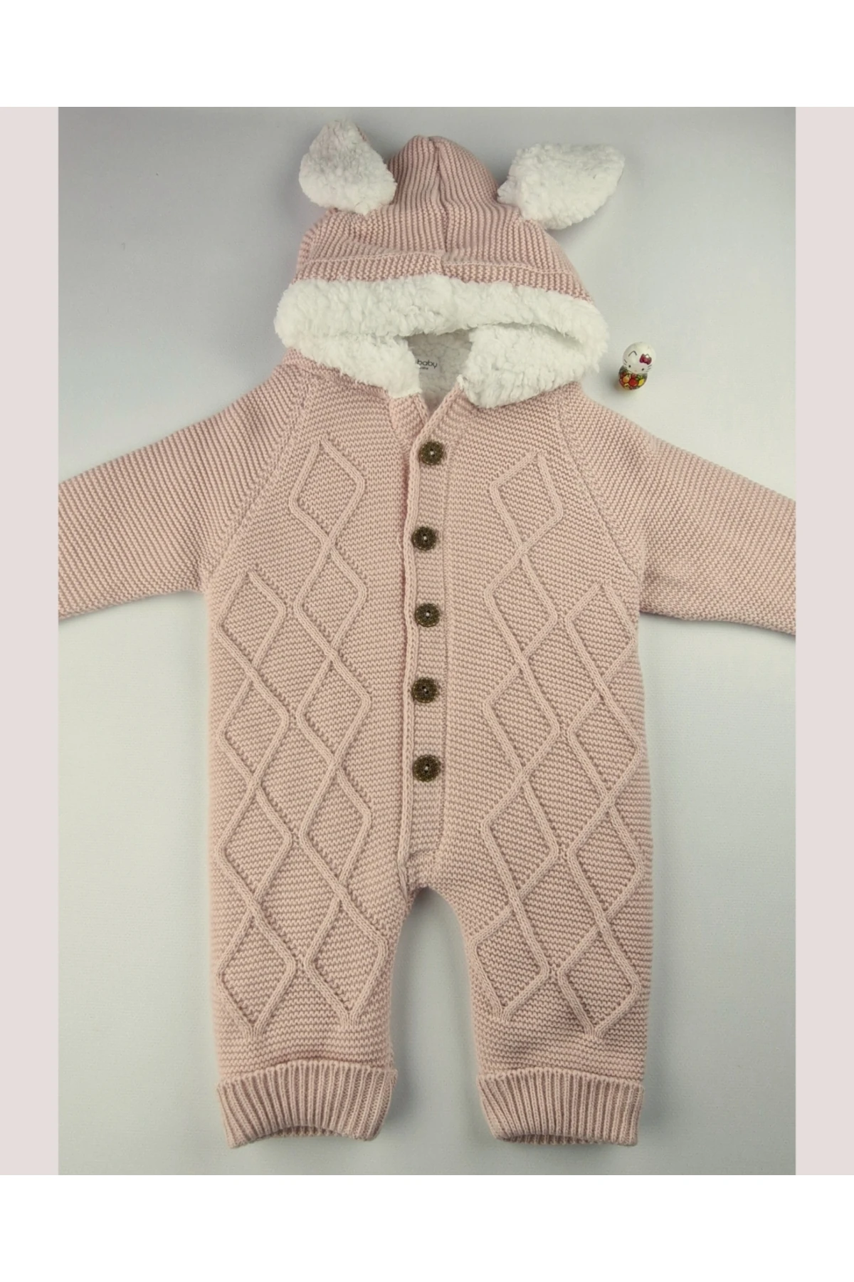 Kız Bebek Pudra Pembe Triko Tulum – Peluş Astarlı Kapüşonlu Kışlık (6-24 Ay)