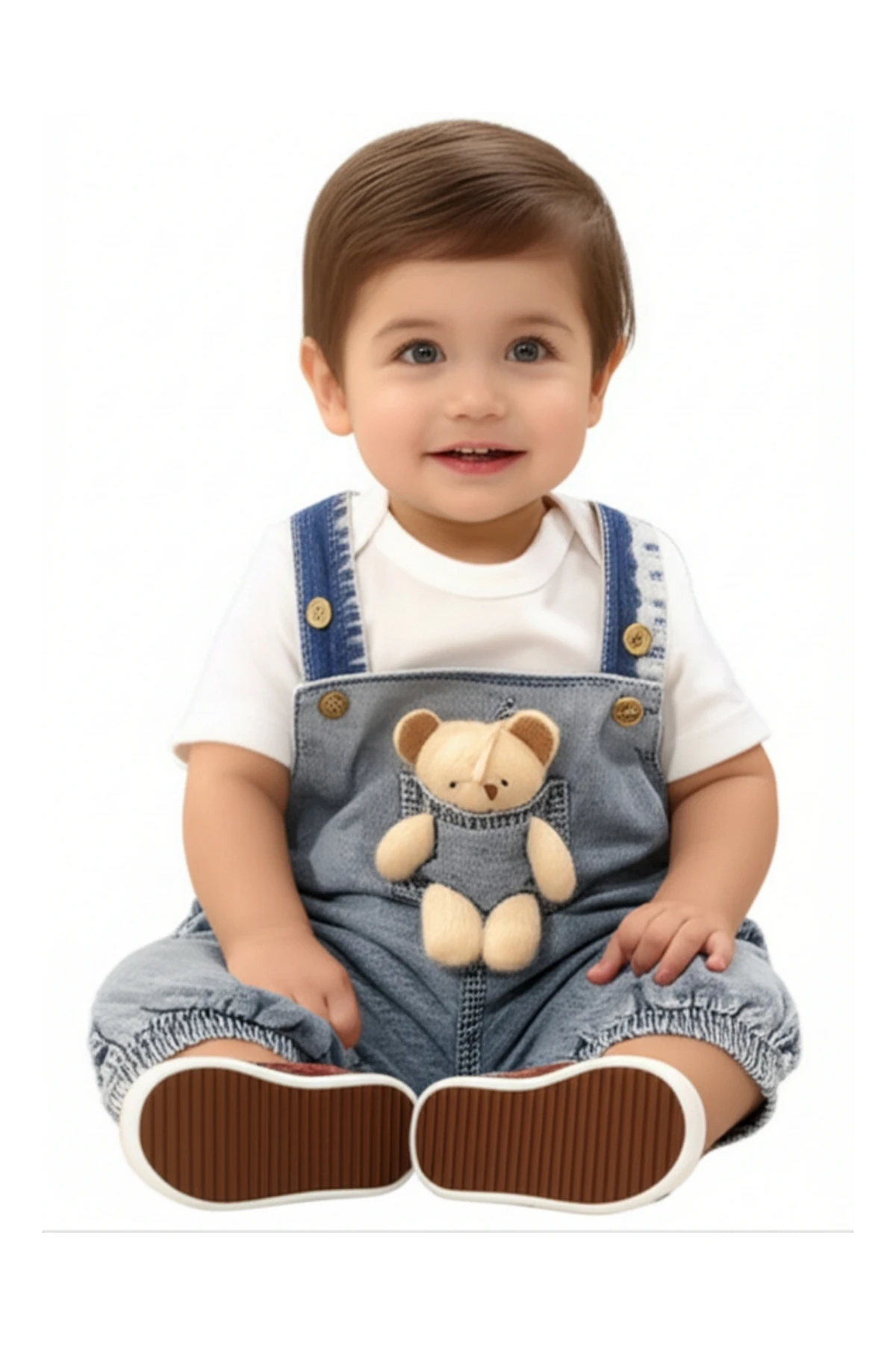 Askılı Cepli Bebek Tulum Seti – Pamuklu Beyaz Tişört ve Peluş Ayıcık Detaylı Şort Tulum