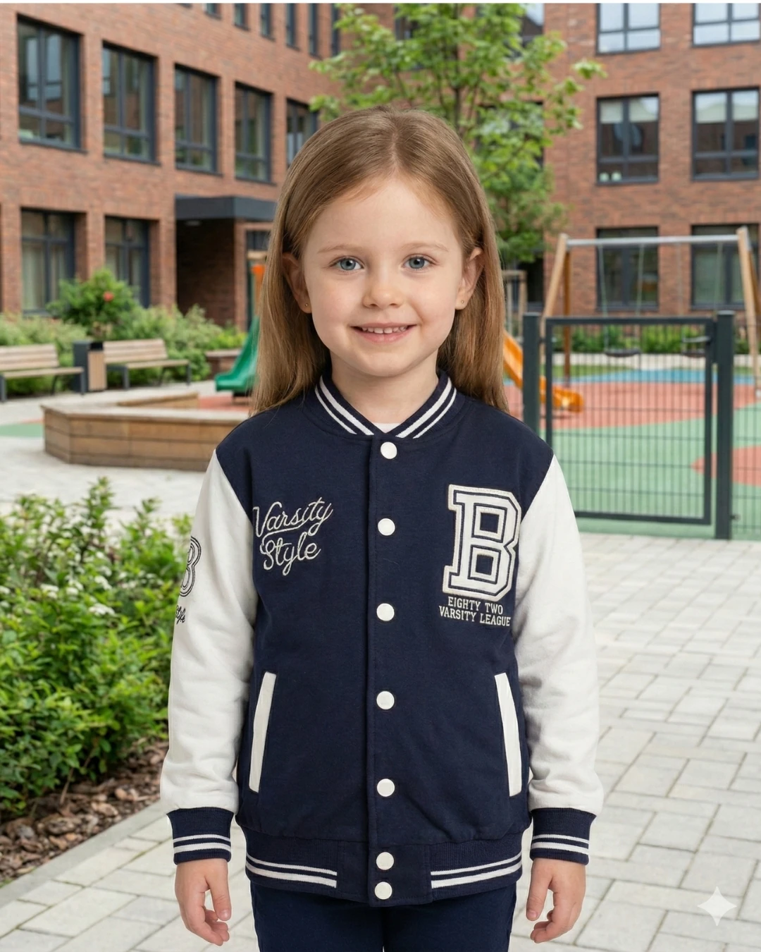 Asliva Çocuk Lacivert Beyaz Kolej Ceket Varsity Style B Harf Nakışlı Ceket (6-9 Yaş)