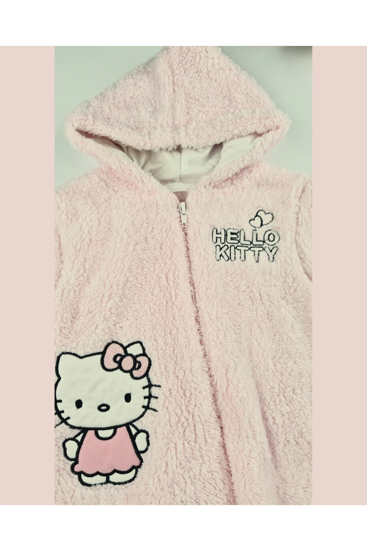 Hello Welsoft Pelüş Kız Bebek Tulum – Kapüşonlu ve Patikli - Pembe/Bej - 0-12 Ay