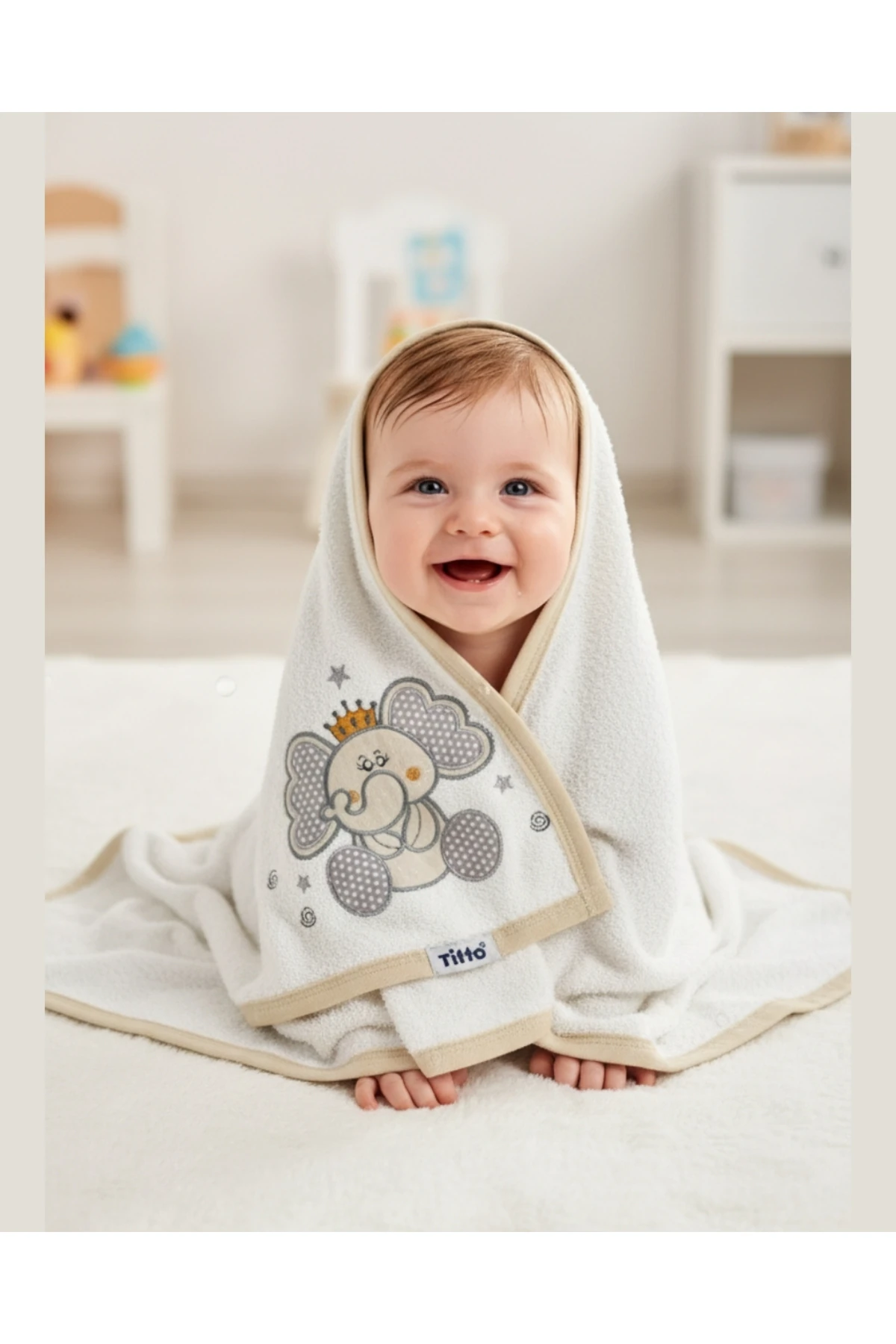 Bebek Banyo Havlusu ve Banyo Lifi - Kapüşonlu Pamuk Kral Fil Desenli - Yeni Doğan - 0-24 Ay